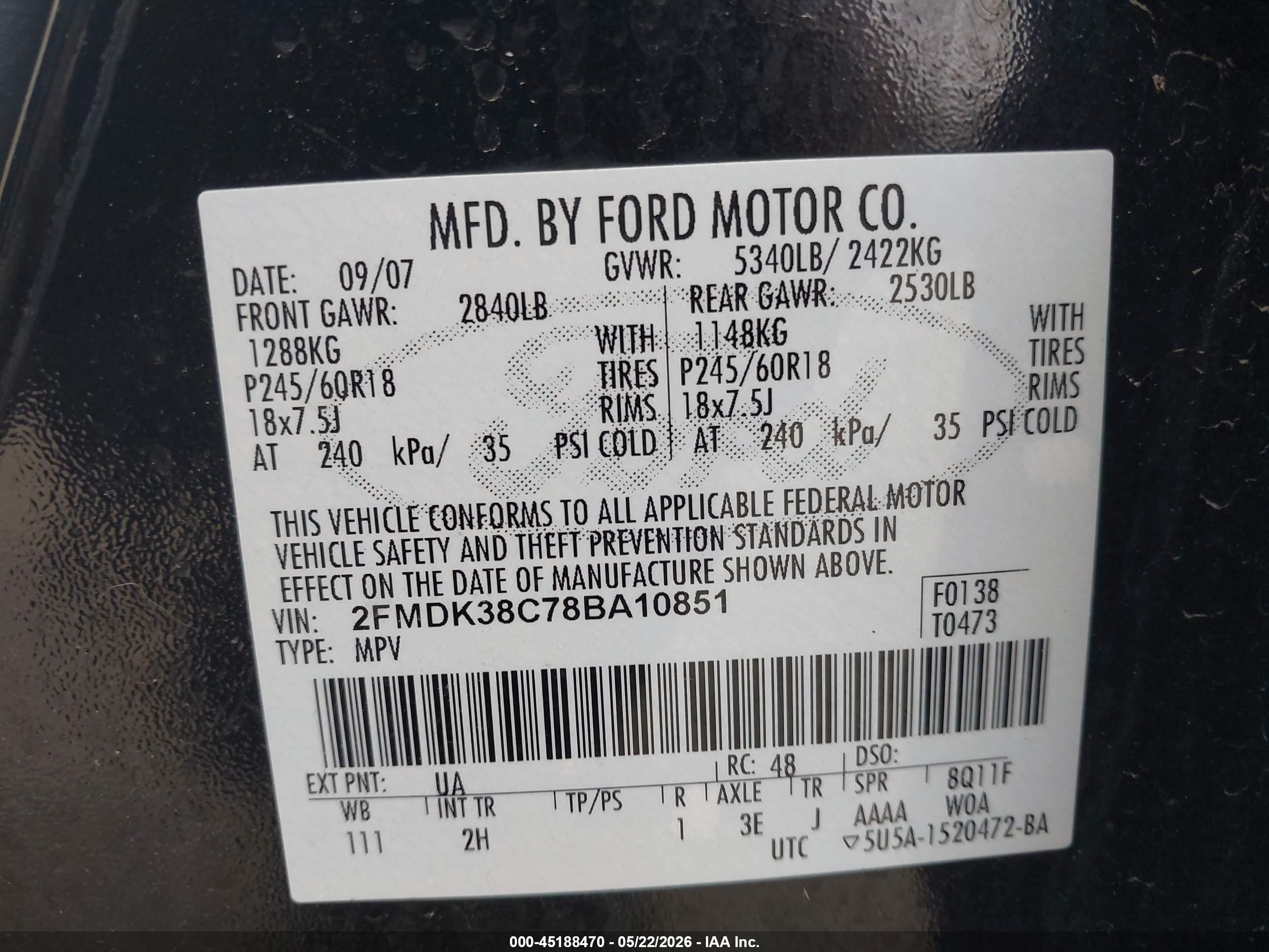 2008 Ford Edge Sel Black vin: 2FMDK38C78BA10851