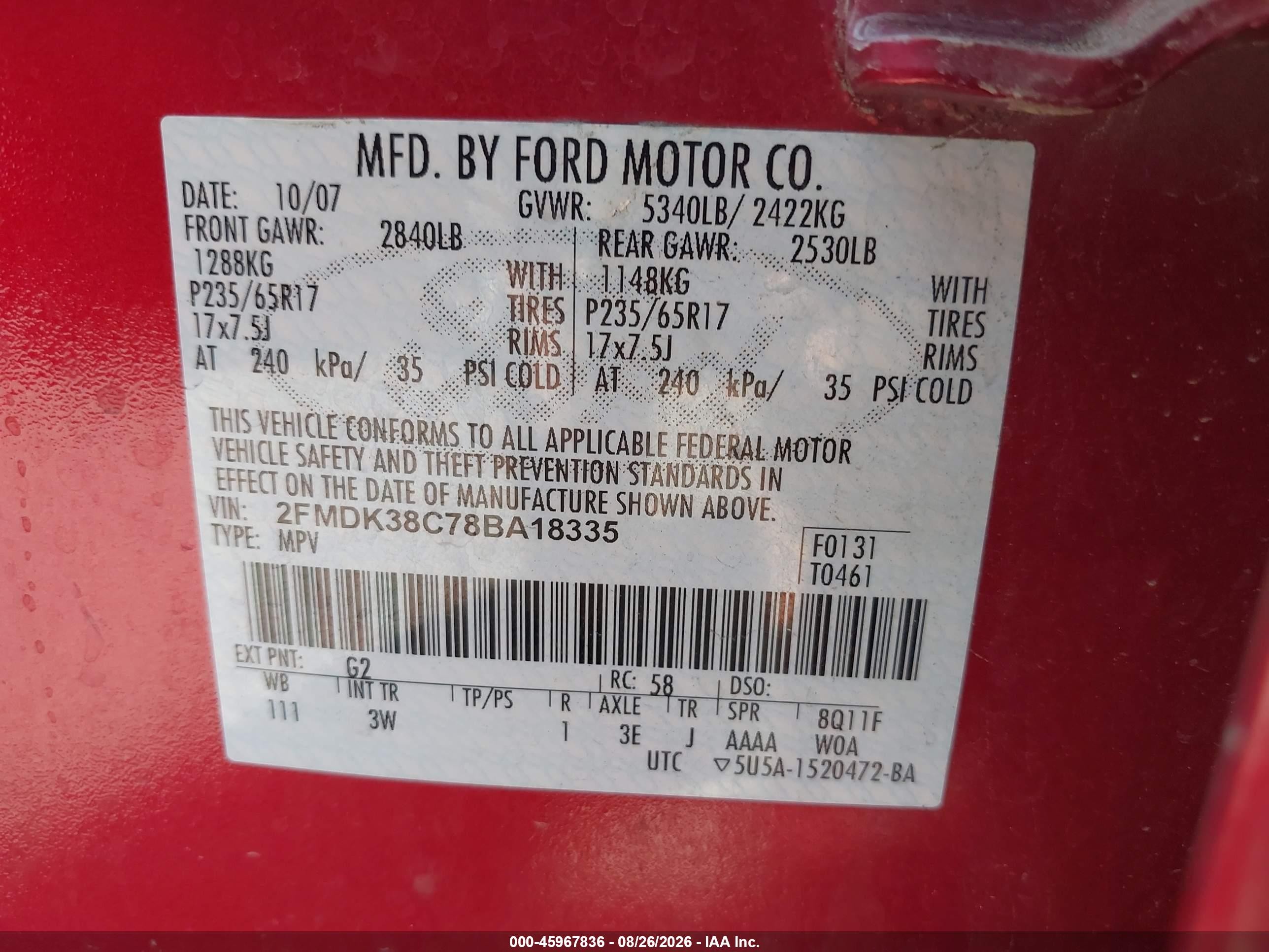 2008 Ford Edge Sel Красный vin: 2FMDK38C78BA18335