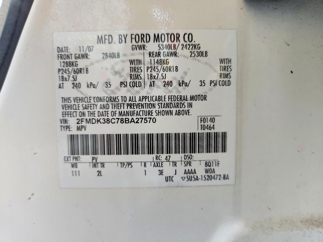 2008 Ford Edge Sel Beige vin: 2FMDK38C78BA27570
