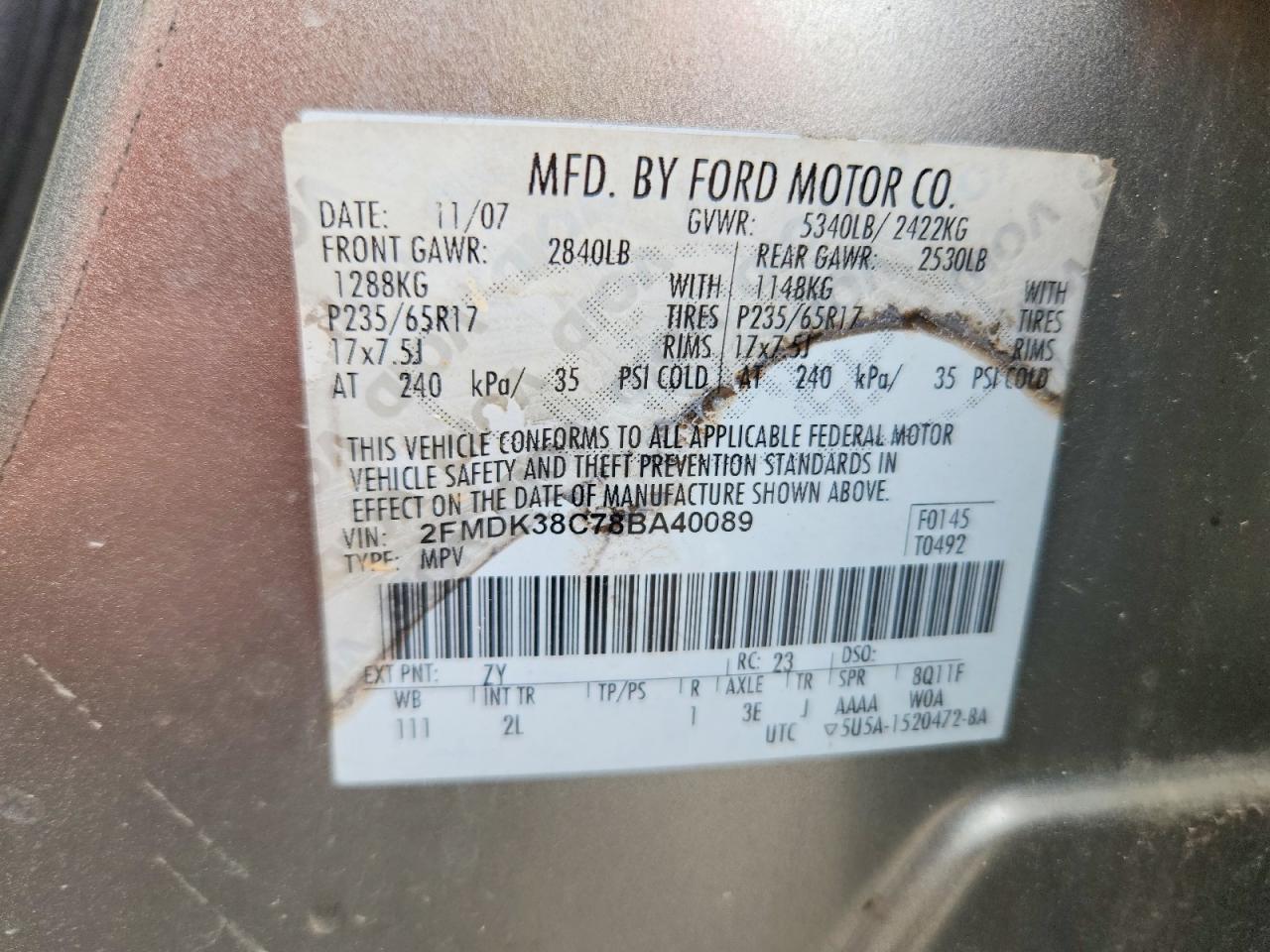 2008 Ford Edge Sel Beige vin: 2FMDK38C78BA40089
