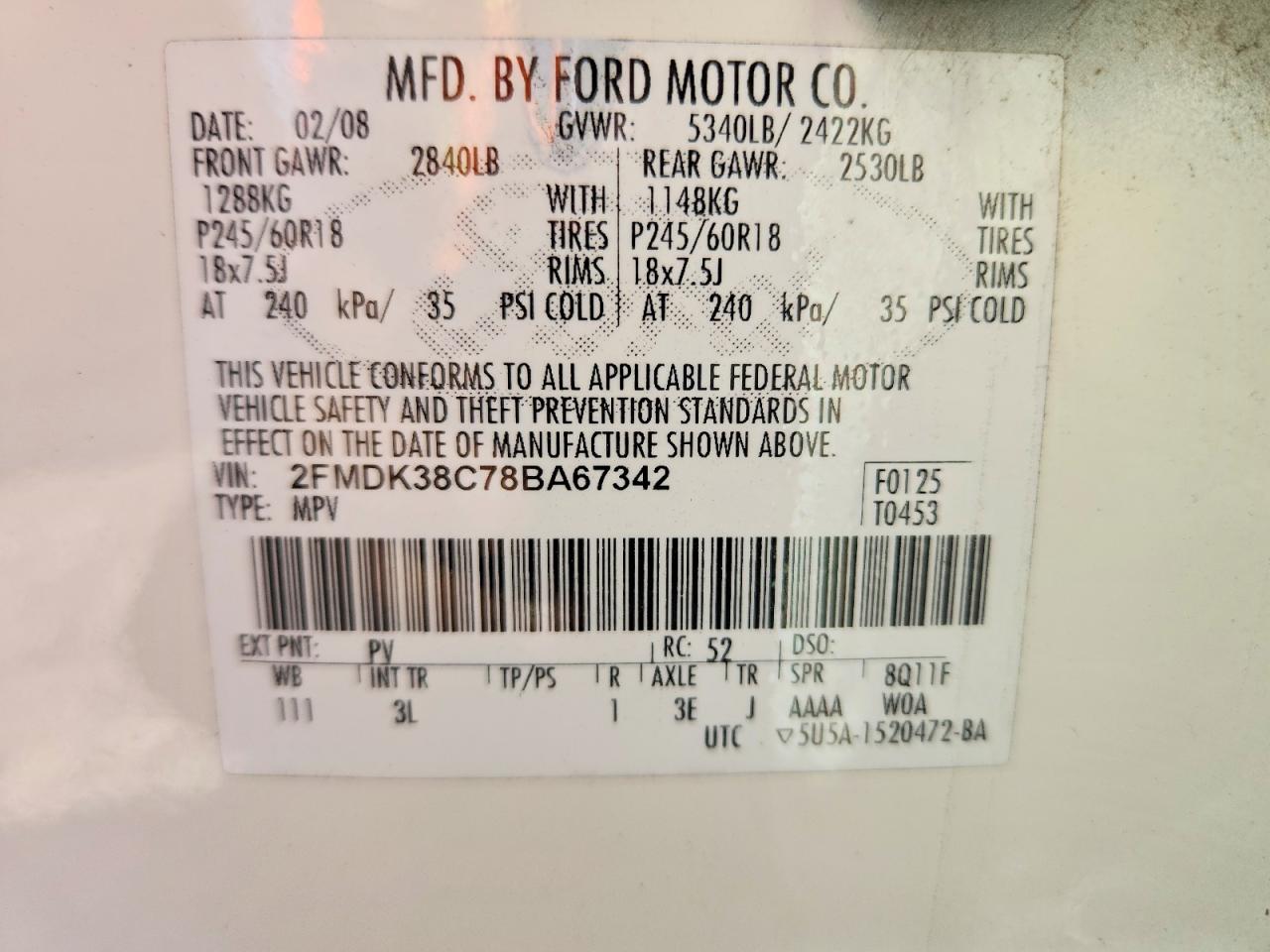 2008 Ford Edge Sel White vin: 2FMDK38C78BA67342