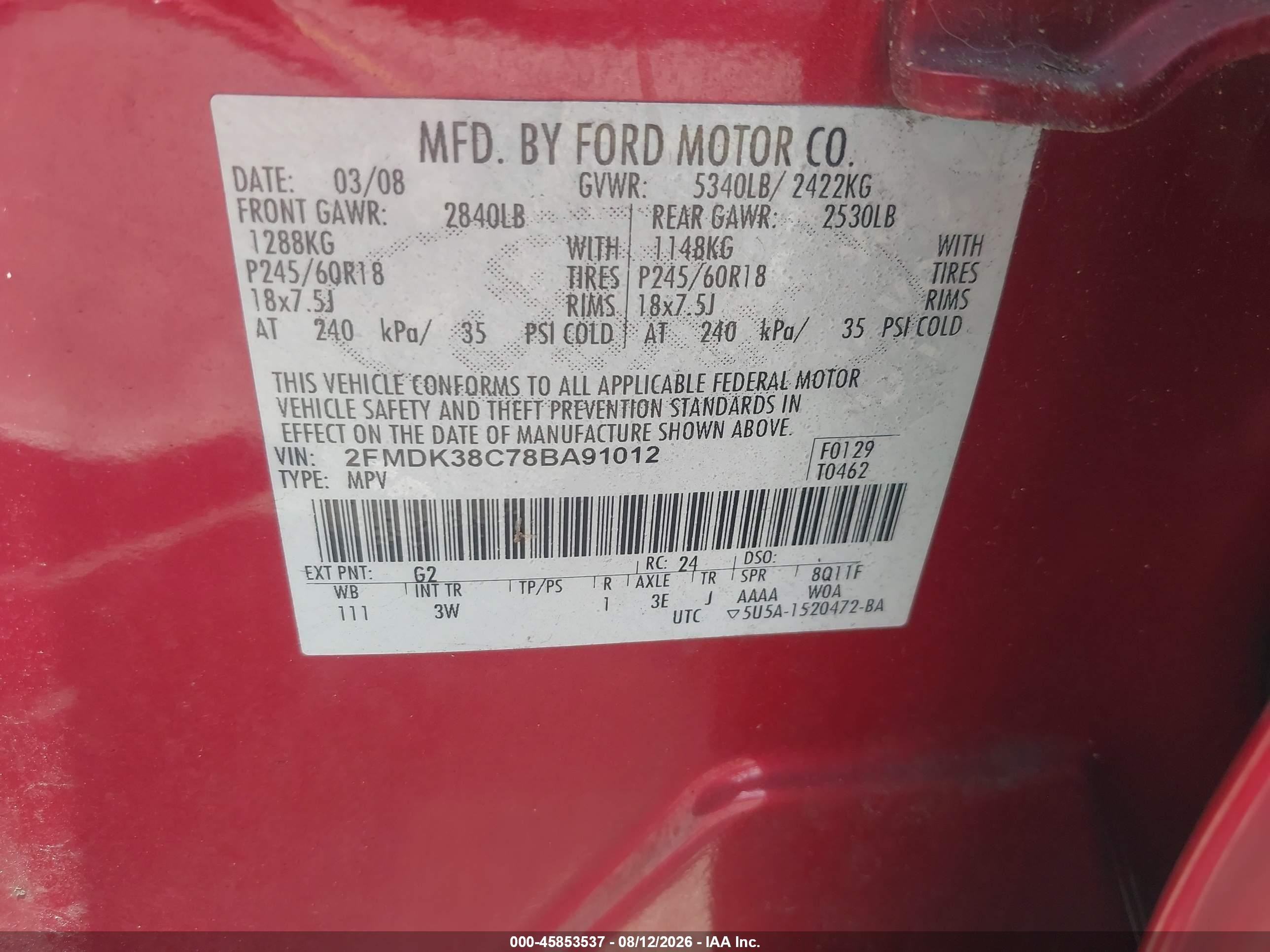 2008 Ford Edge Sel Red vin: 2FMDK38C78BA91012