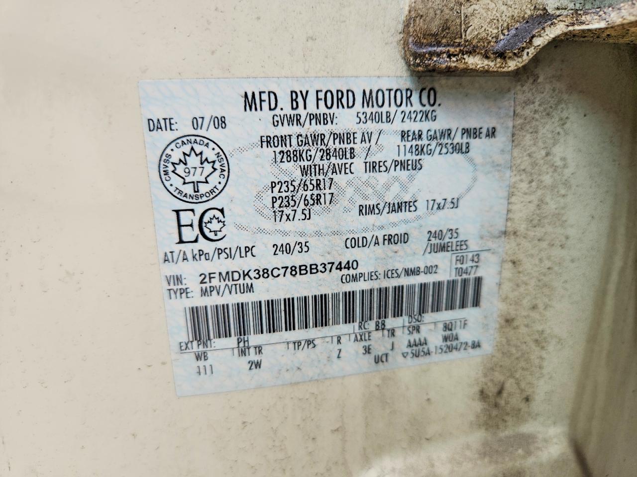 2008 Ford Edge Sel Cream vin: 2FMDK38C78BB37440