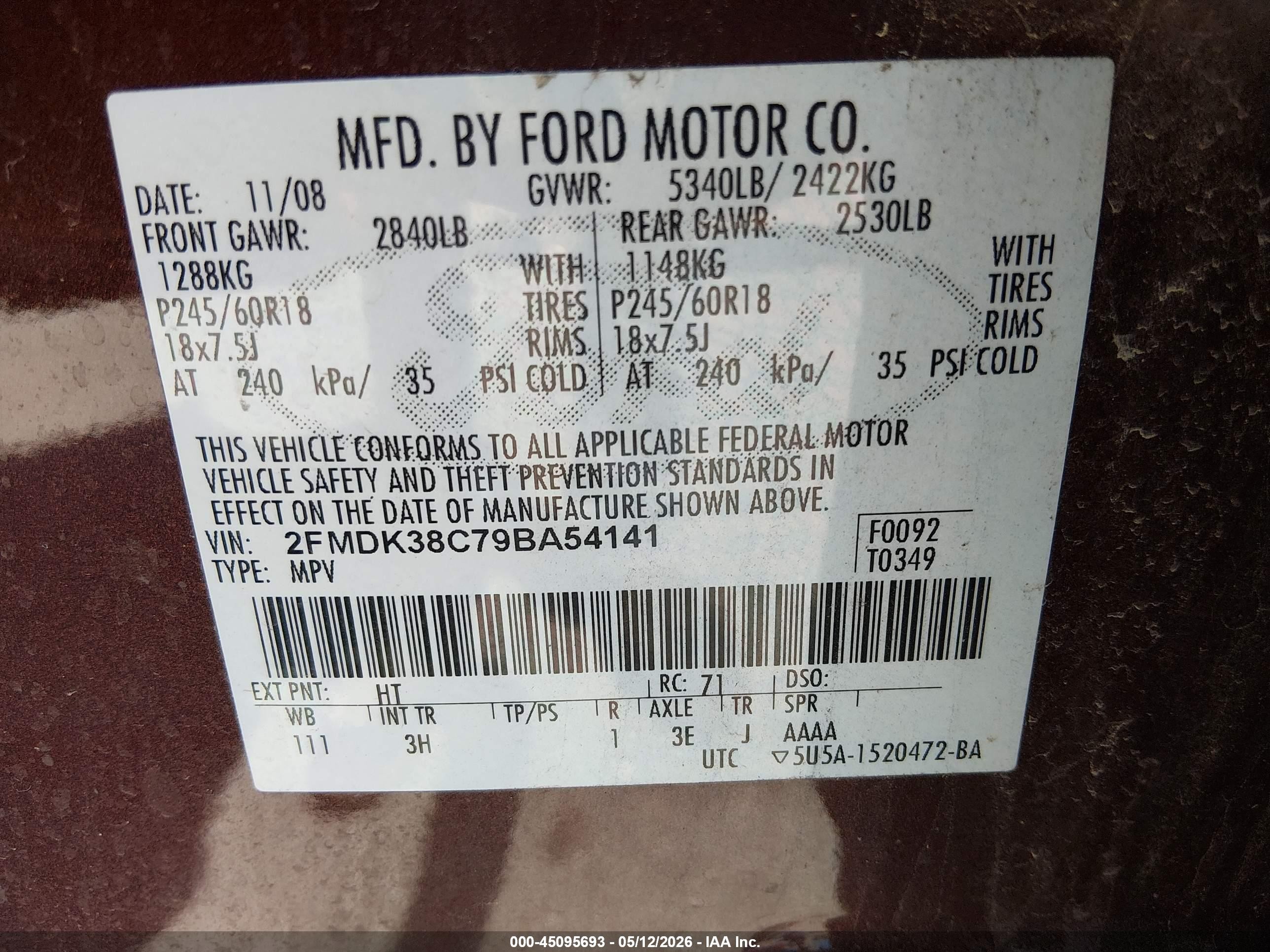 2009 Ford Edge Sel Maroon vin: 2FMDK38C79BA54141