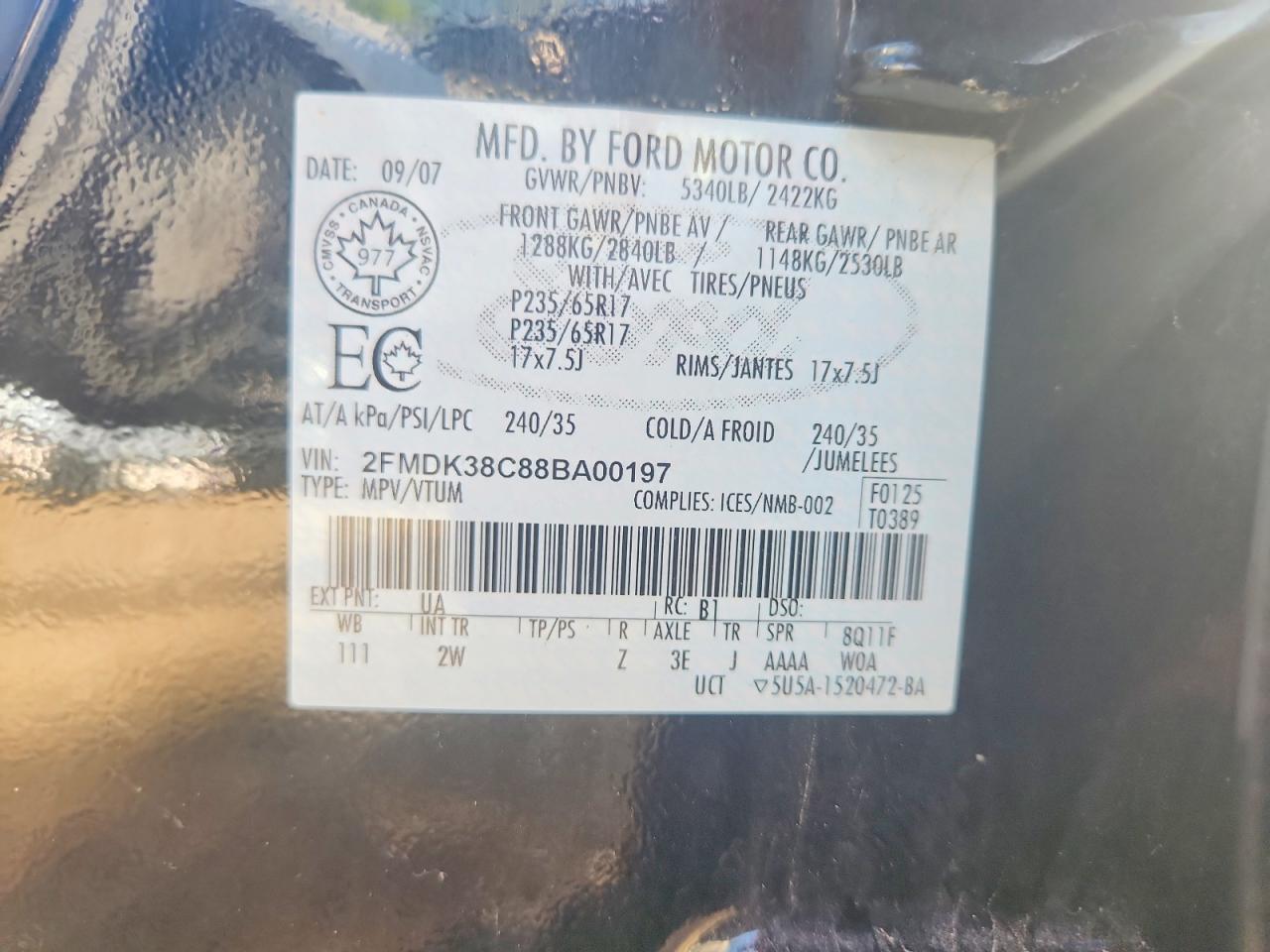 2008 Ford Edge Sel Черный vin: 2FMDK38C88BA00197