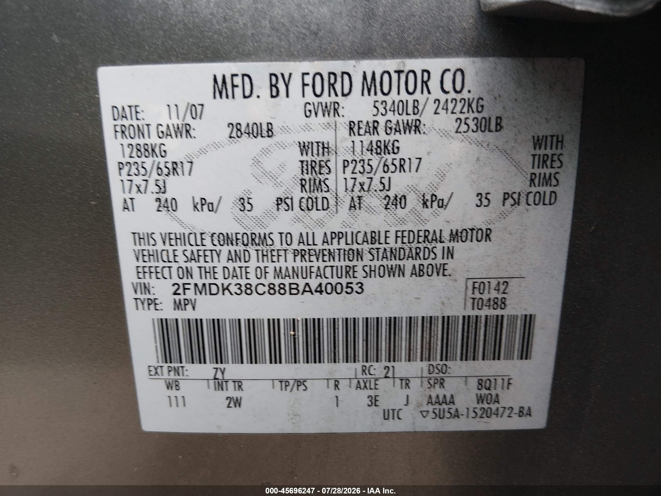 2008 Ford Edge Sel Gold vin: 2FMDK38C88BA40053