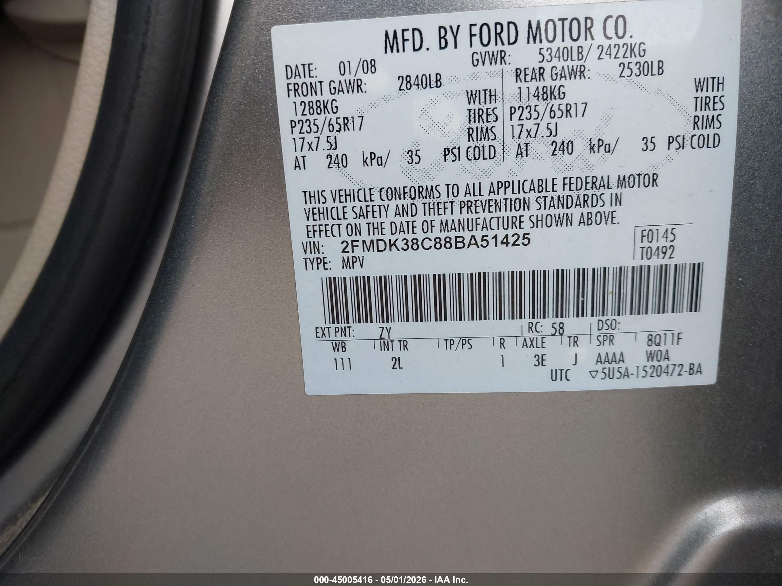 2008 Ford Edge Sel Gray vin: 2FMDK38C88BA51425