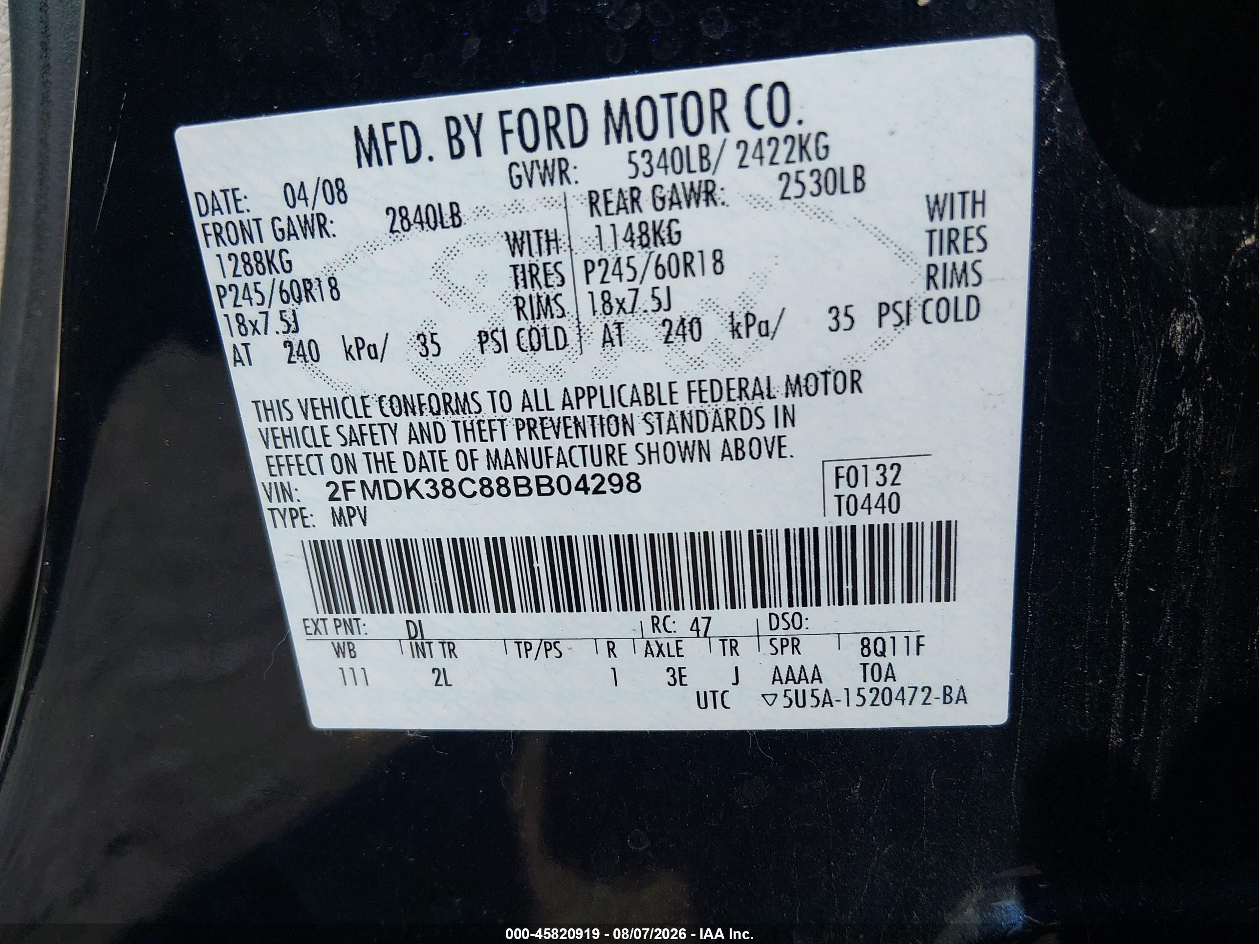 2008 Ford Edge Sel Black vin: 2FMDK38C88BB04298