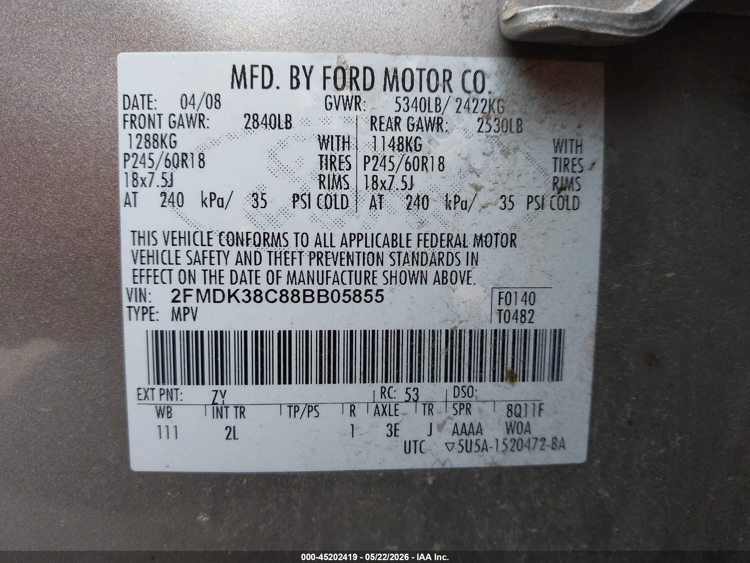 2008 Ford Edge Sel Silver vin: 2FMDK38C88BB05855