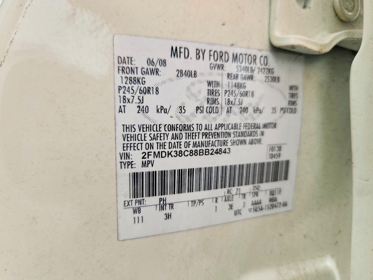 2008 Ford Edge Sel White vin: 2FMDK38C88BB24843