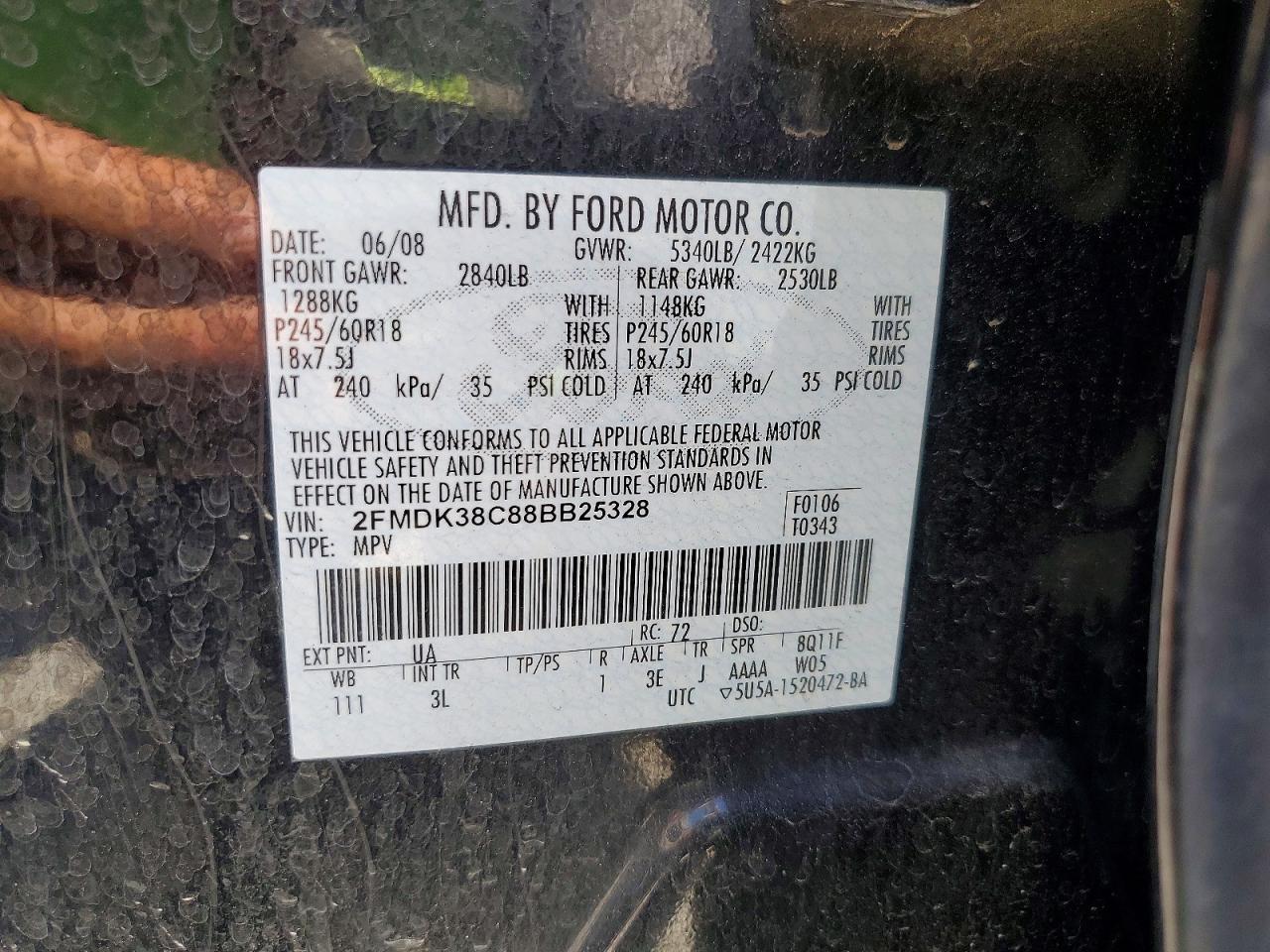 2008 Ford Edge Sel Black vin: 2FMDK38C88BB25328