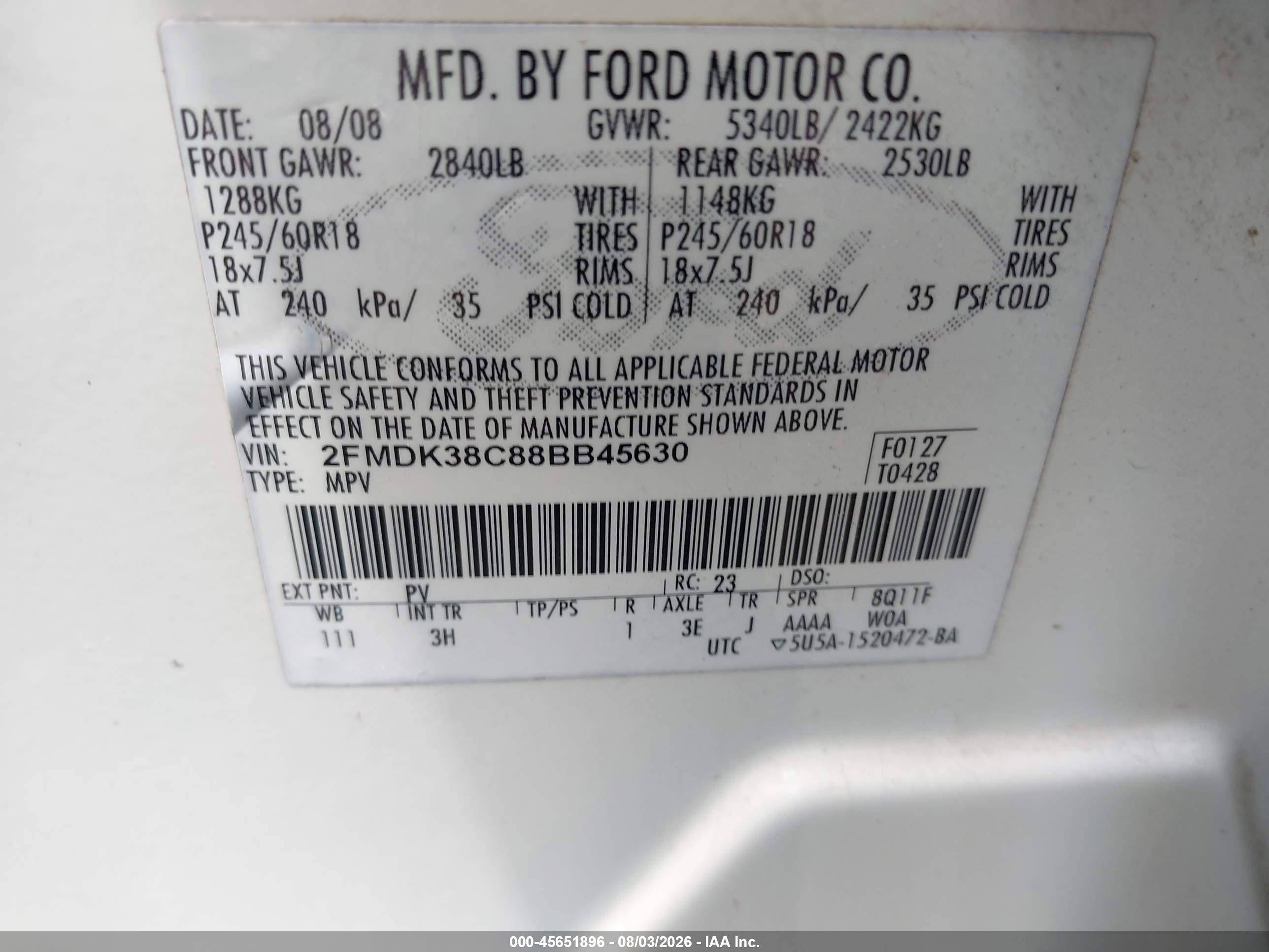 2008 Ford Edge Sel Beige vin: 2FMDK38C88BB45630