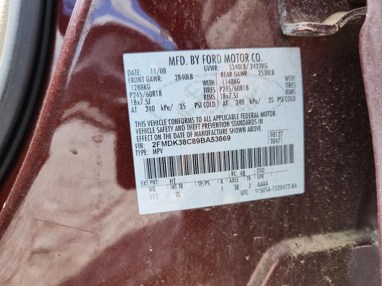 2009 Ford Edge Sel Burgundy vin: 2FMDK38C89BA53869