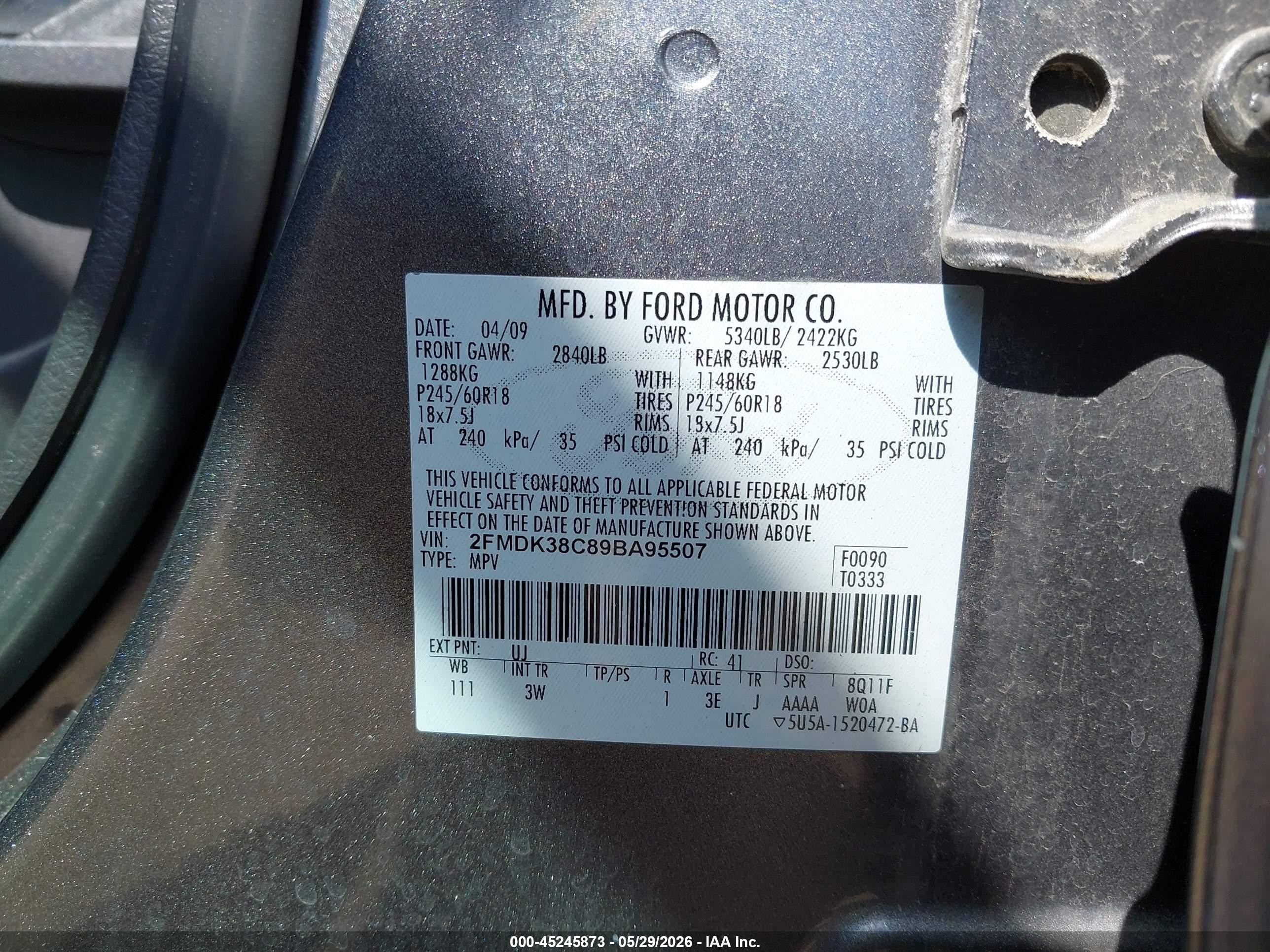2009 Ford Edge Sel Gray vin: 2FMDK38C89BA95507