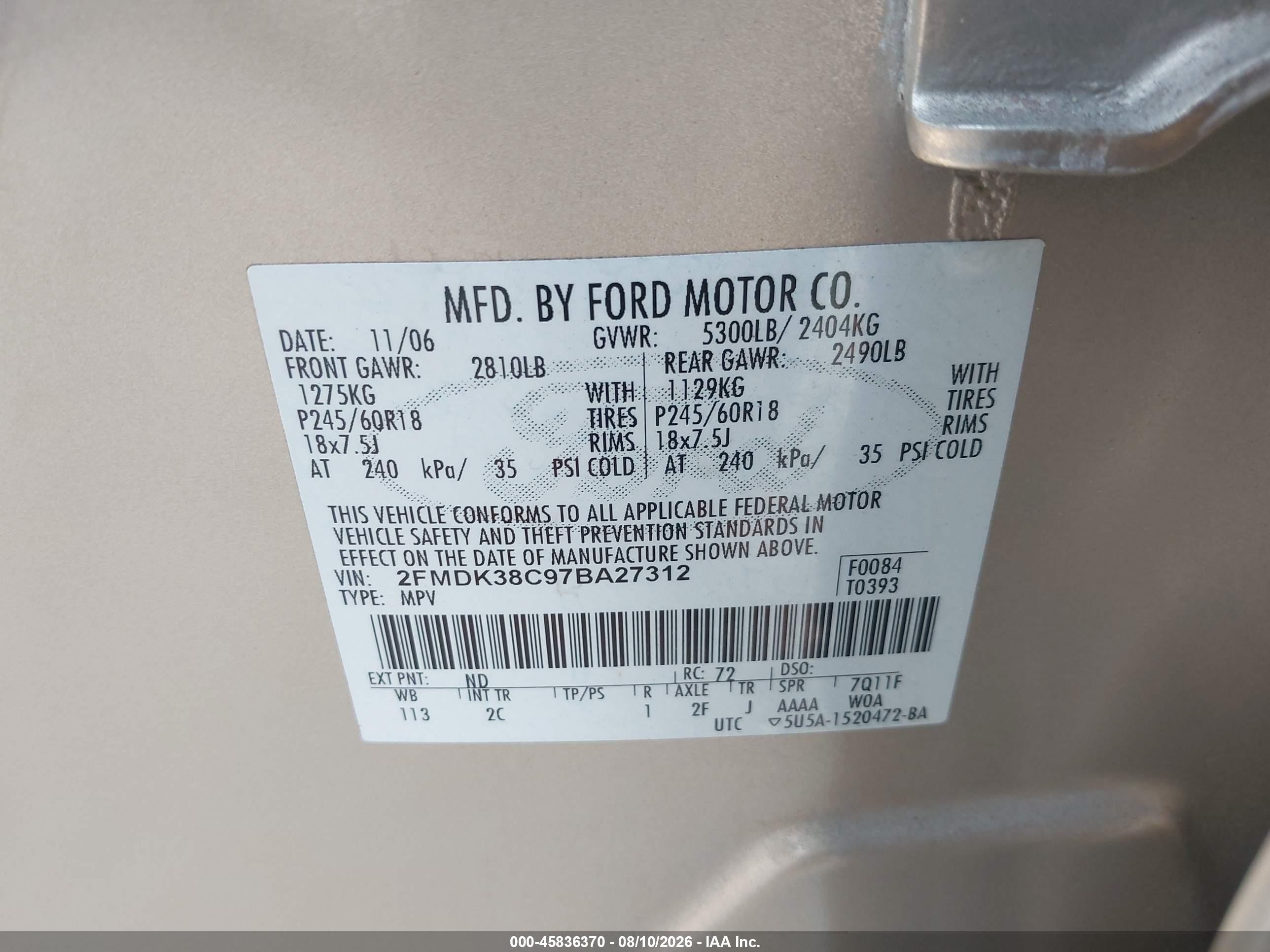 2007 Ford Edge Sel Gold vin: 2FMDK38C97BA27312