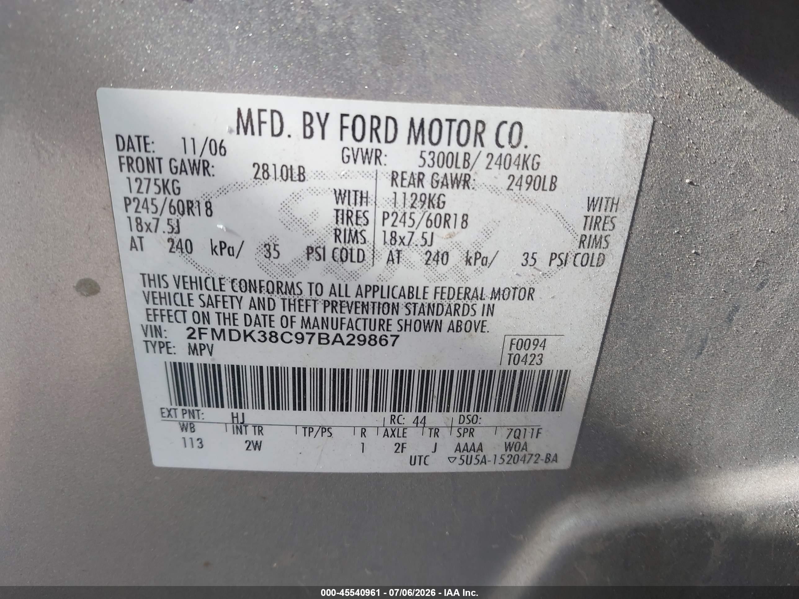 2007 Ford Edge Sel Серебряный vin: 2FMDK38C97BA29867