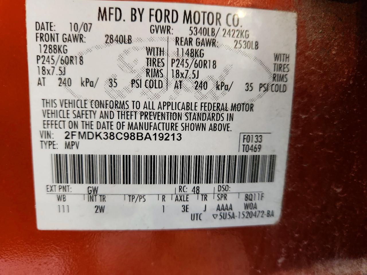 2008 Ford Edge Sel Orange vin: 2FMDK38C98BA19213