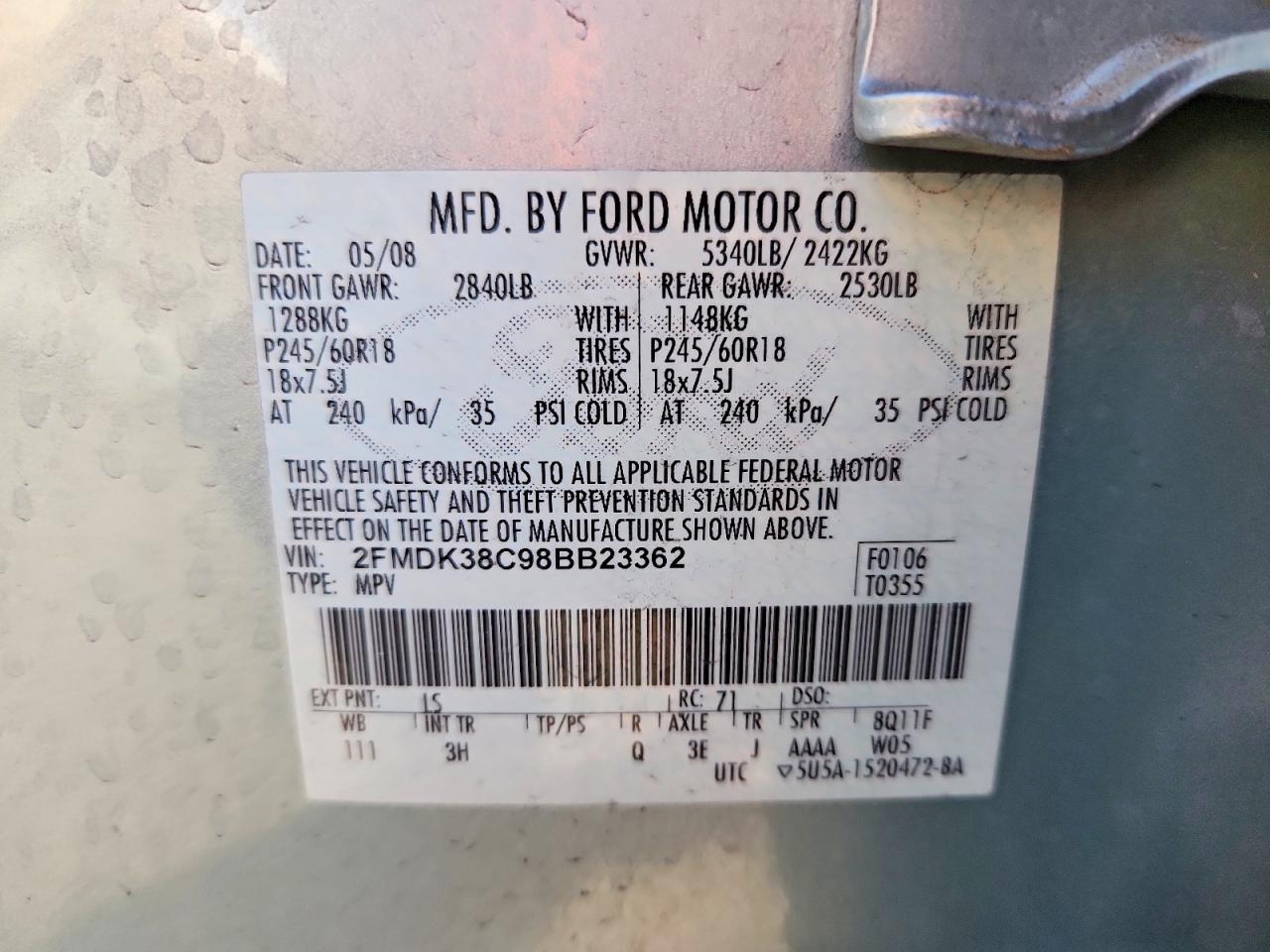 2008 Ford Edge Sel Blue vin: 2FMDK38C98BB23362