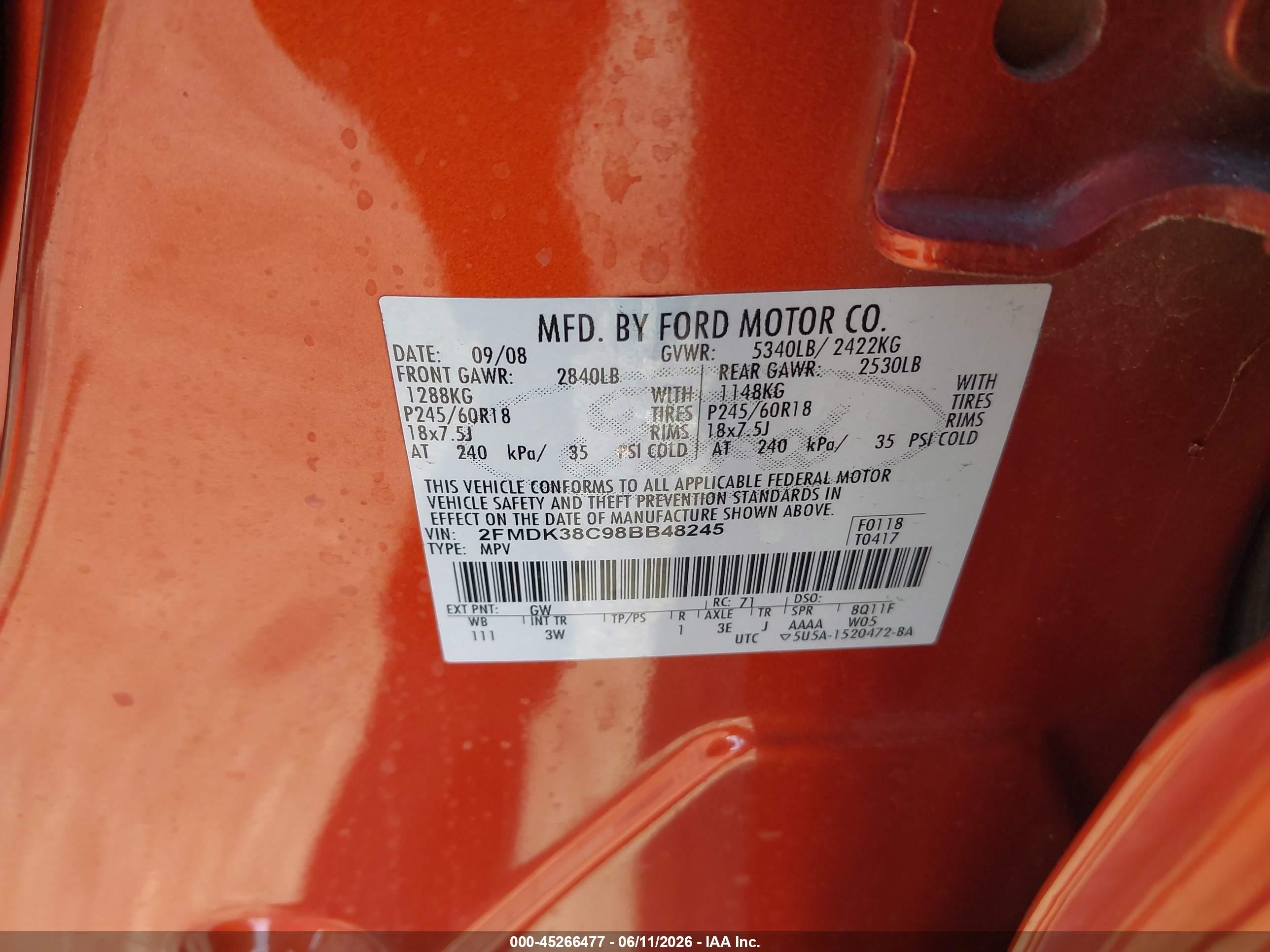2008 Ford Edge Sel Orange vin: 2FMDK38C98BB48245