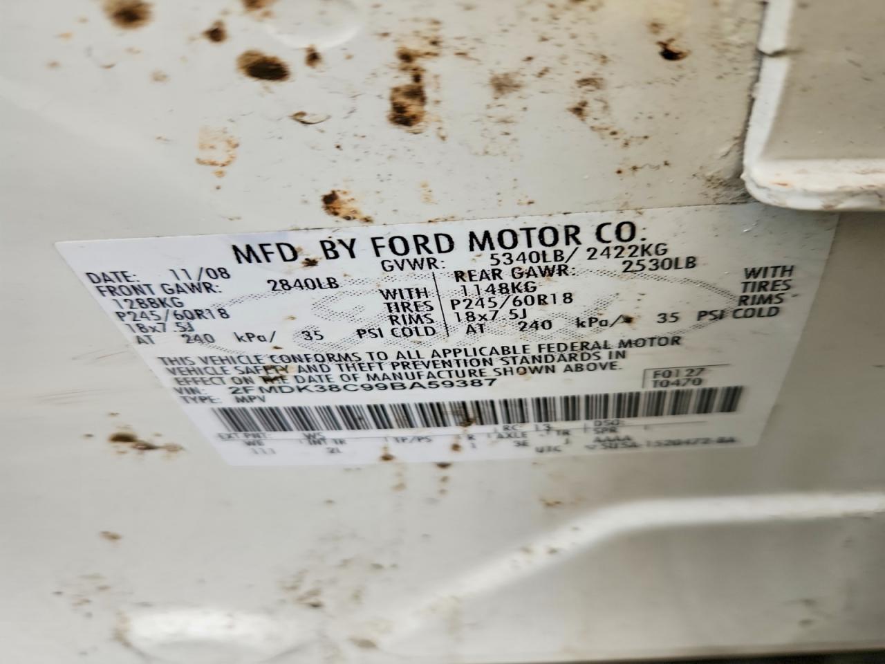 2009 Ford Edge Sel White vin: 2FMDK38C99BA59387