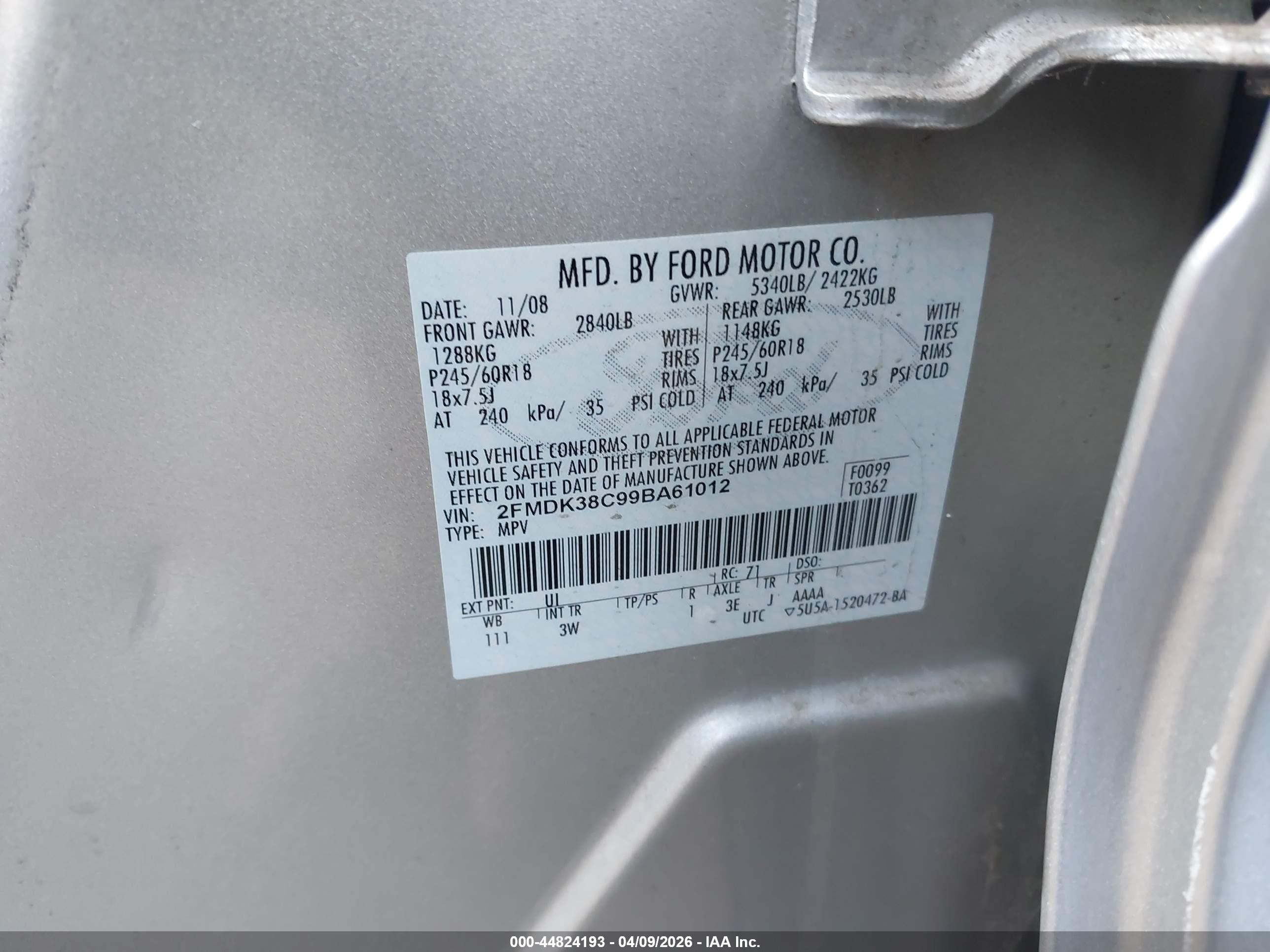 2009 Ford Edge Sel Серебряный vin: 2FMDK38C99BA61012