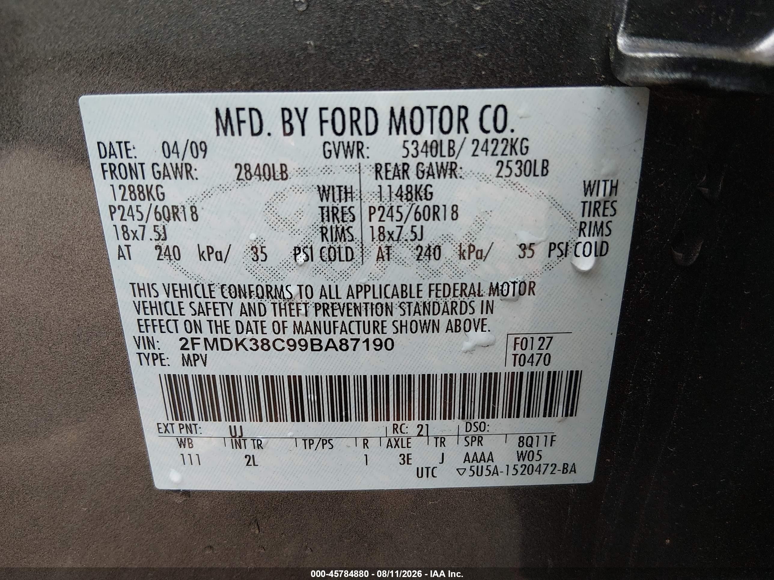 2009 Ford Edge Sel Gray vin: 2FMDK38C99BA87190