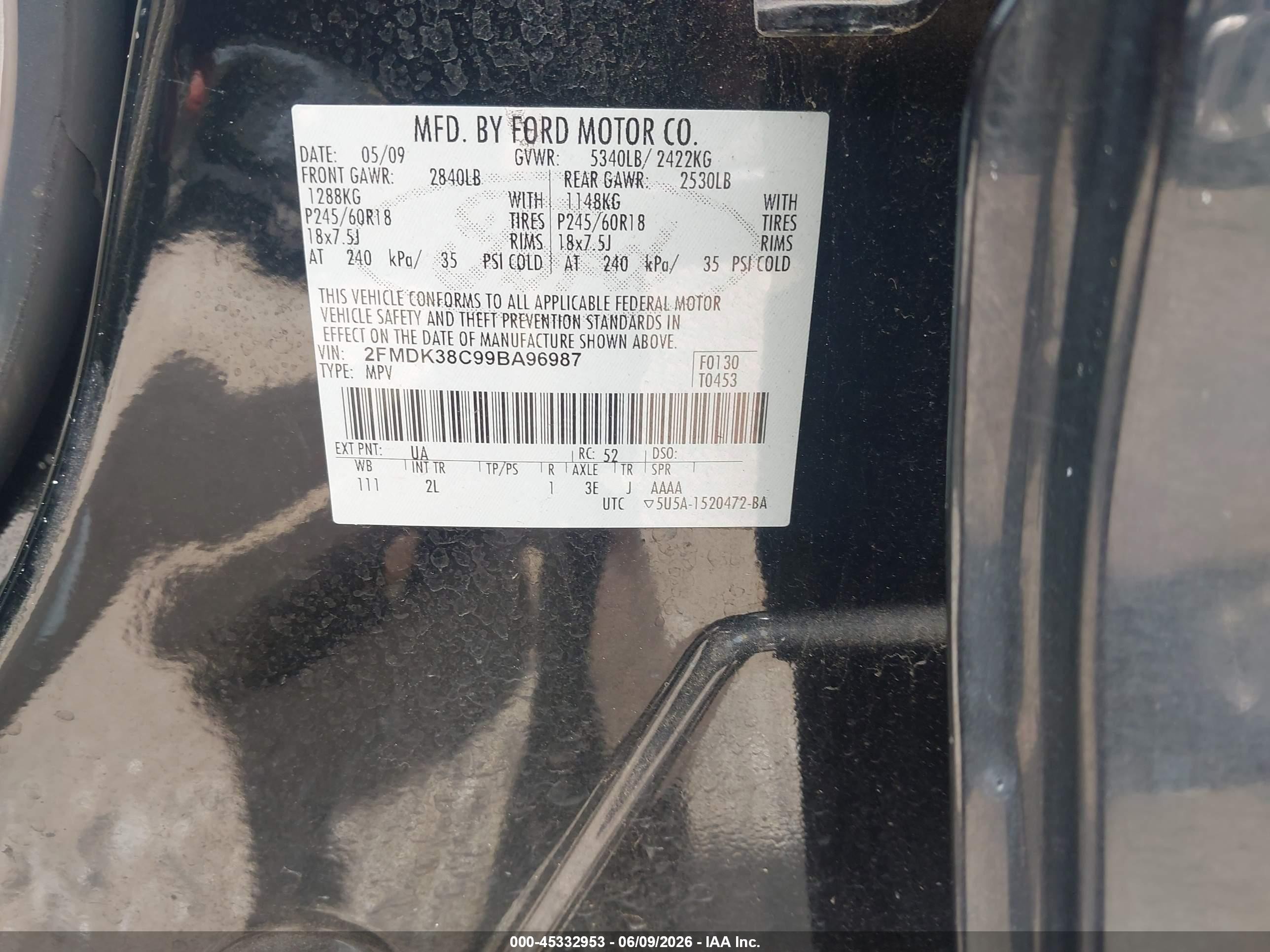 2009 Ford Edge Sel Black vin: 2FMDK38C99BA96987