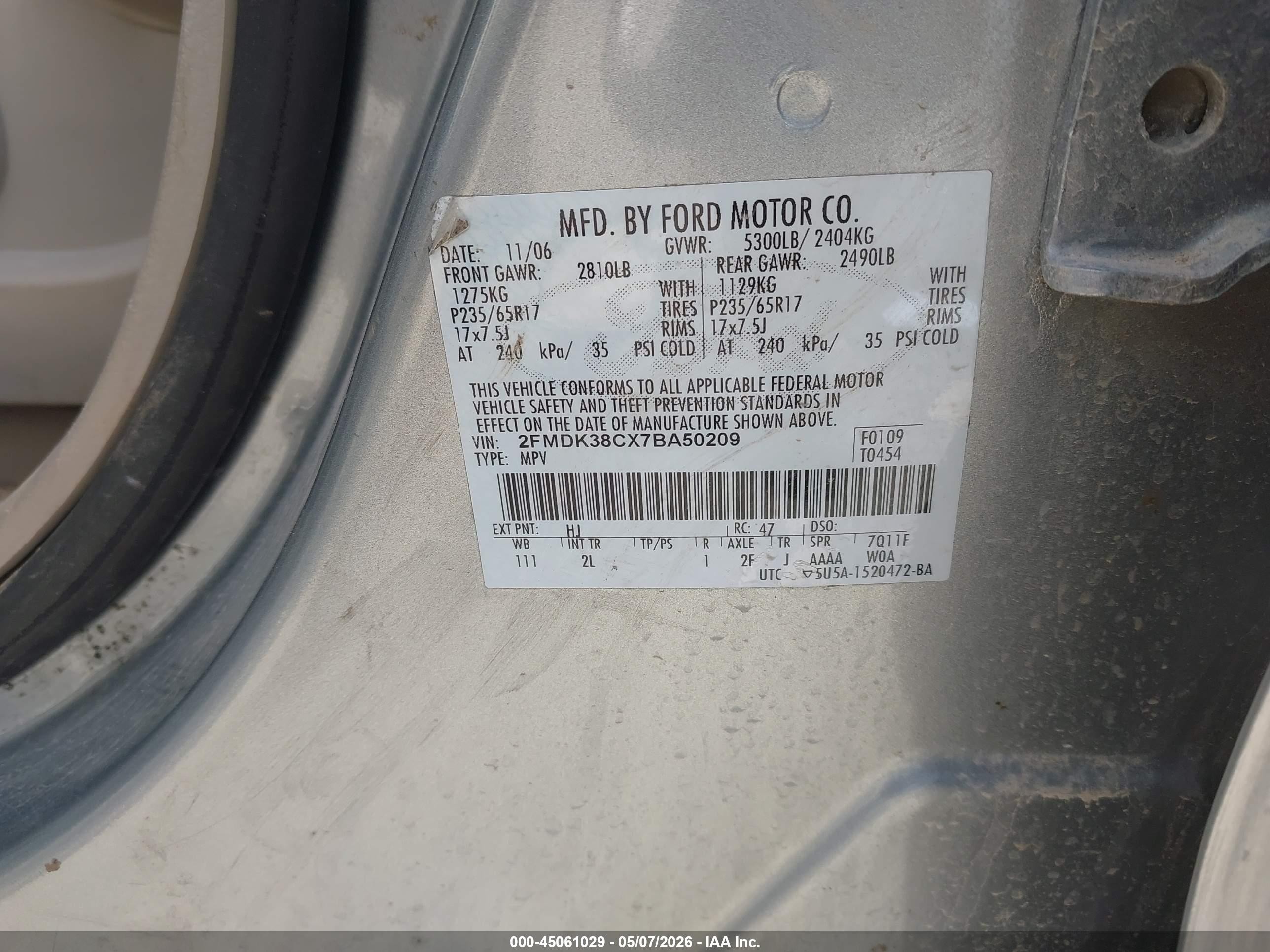 2007 Ford Edge Sel Silver vin: 2FMDK38CX7BA50209