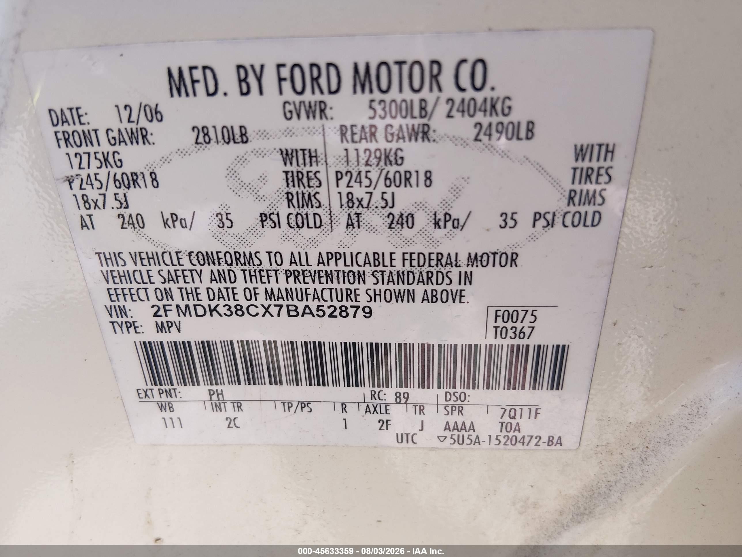 2007 Ford Edge Sel Белый vin: 2FMDK38CX7BA52879
