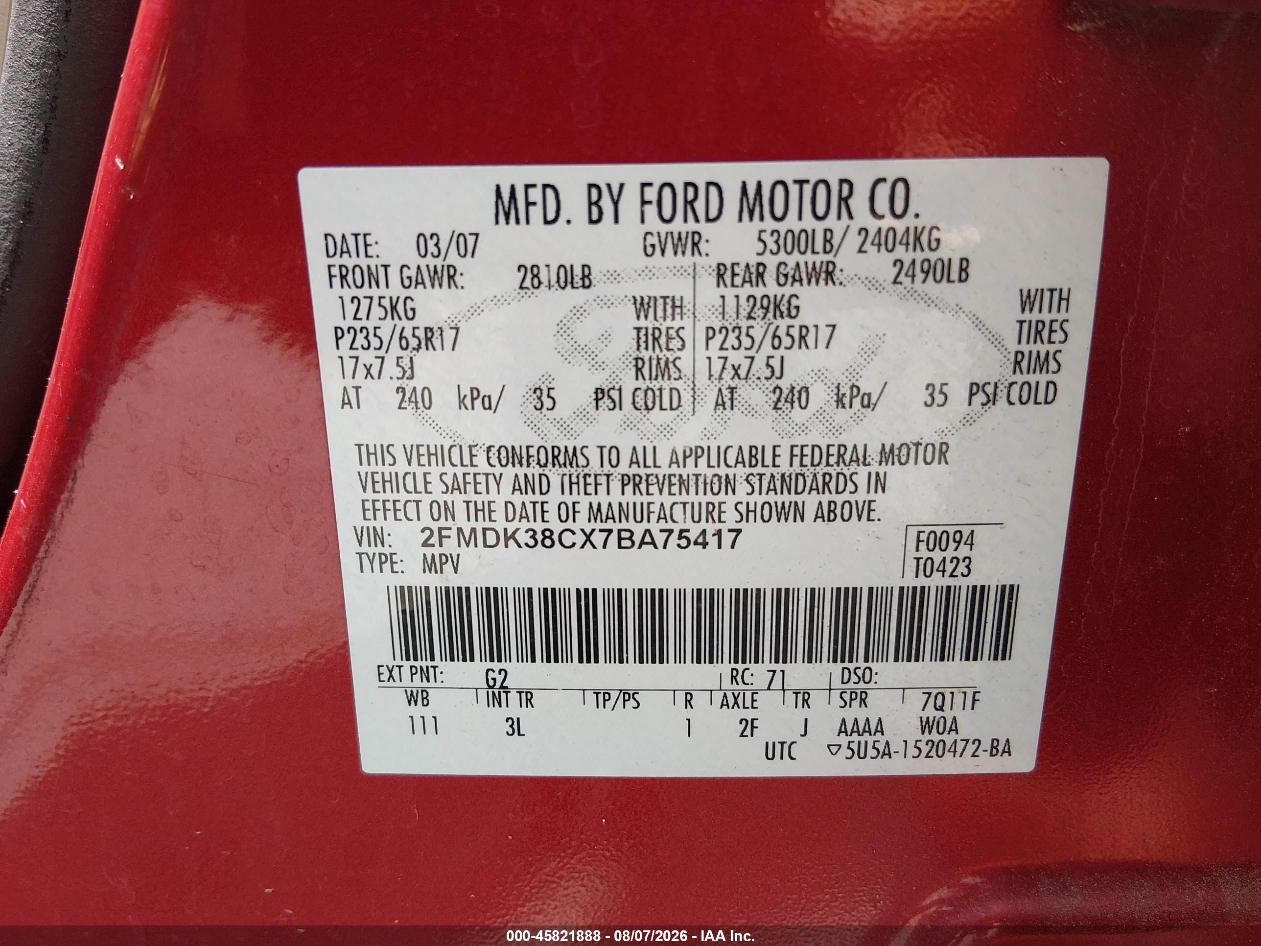 2007 Ford Edge Sel Красный vin: 2FMDK38CX7BA75417