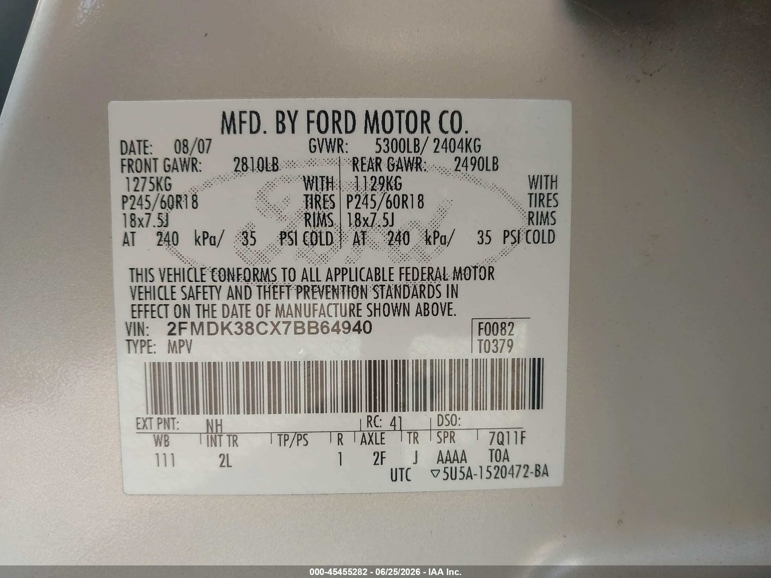 2007 Ford Edge Sel Beige vin: 2FMDK38CX7BB64940