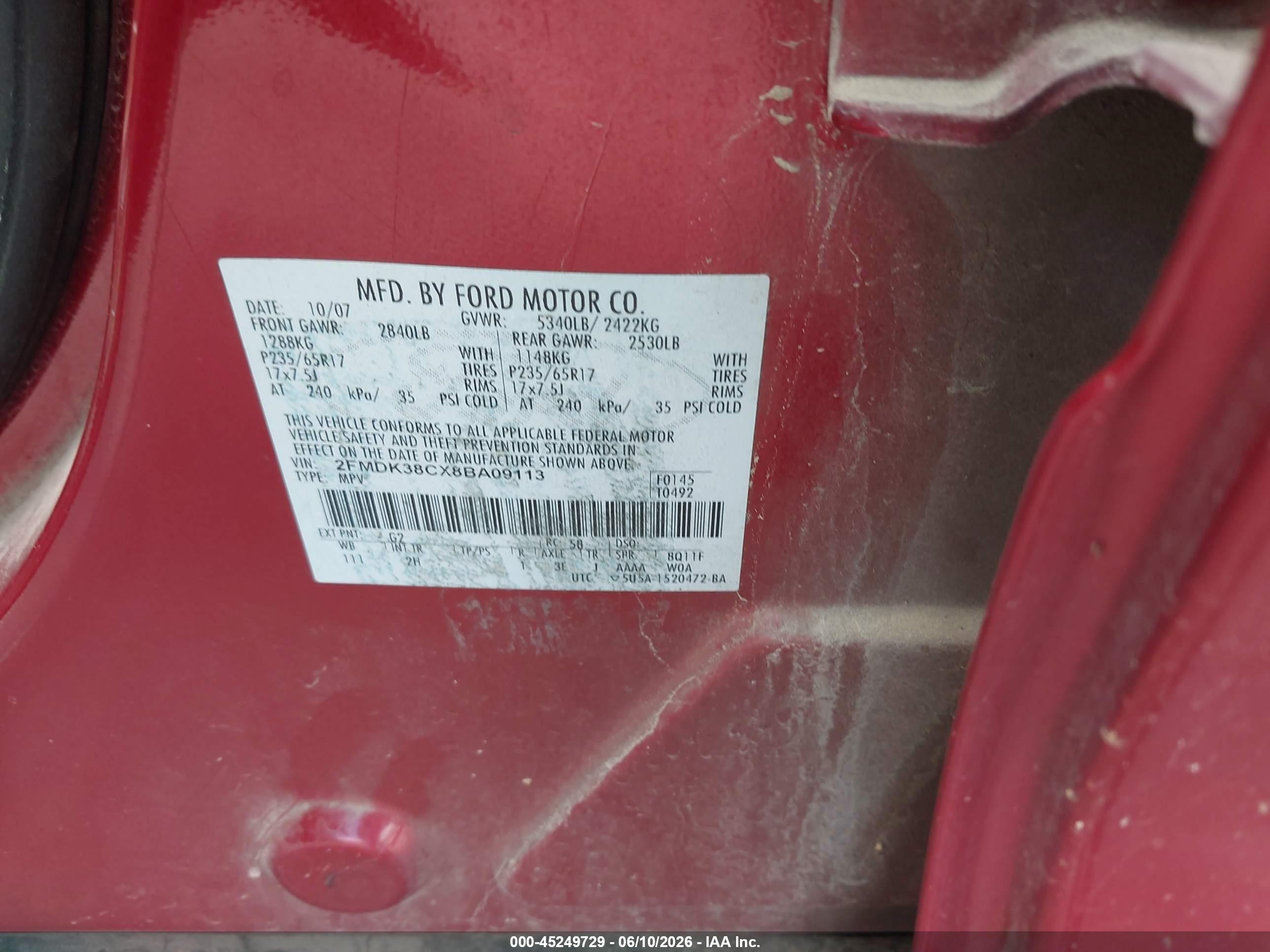 2008 Ford Edge Sel Red vin: 2FMDK38CX8BA09113