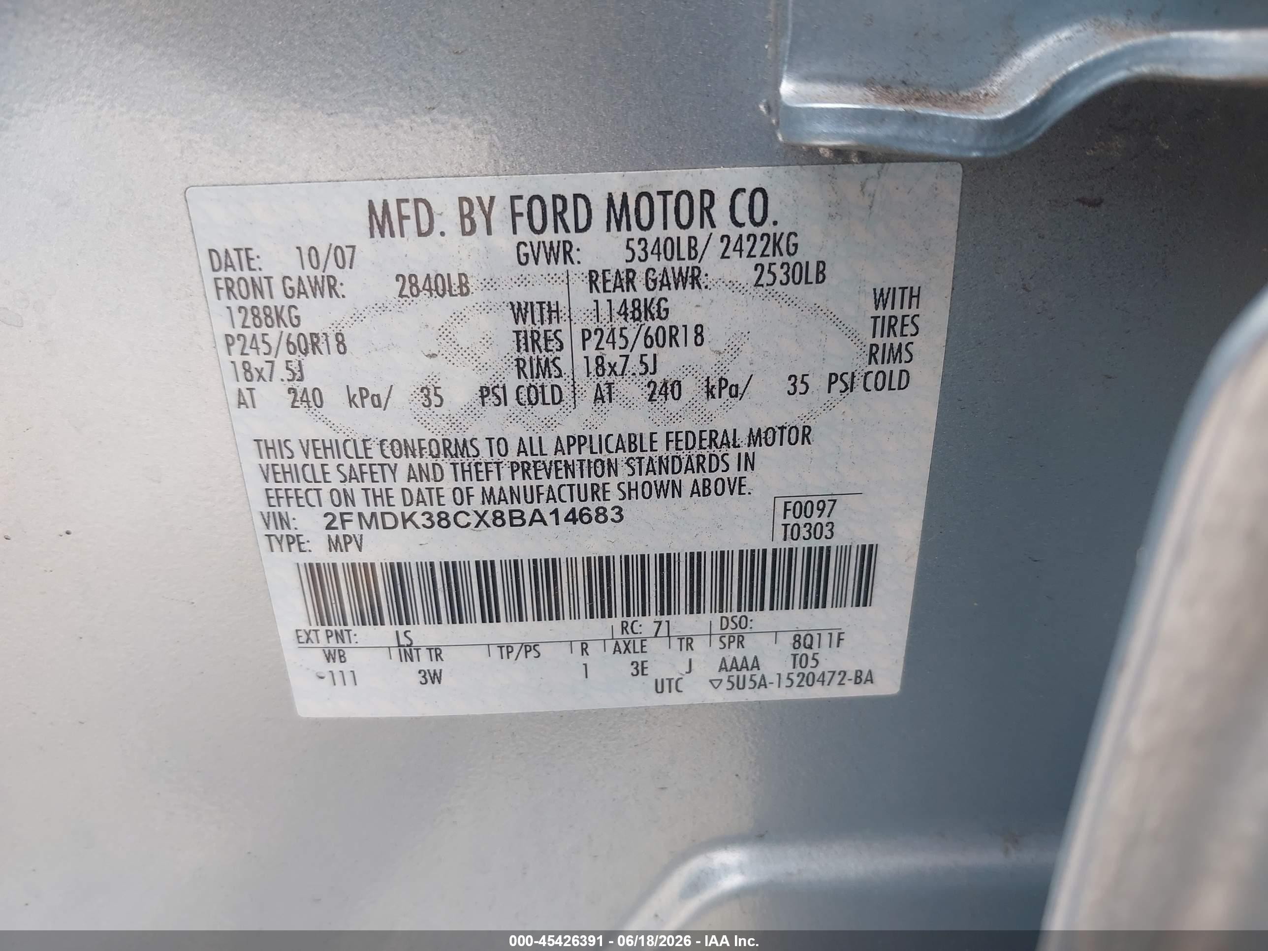 2008 Ford Edge Sel Blue vin: 2FMDK38CX8BA14683