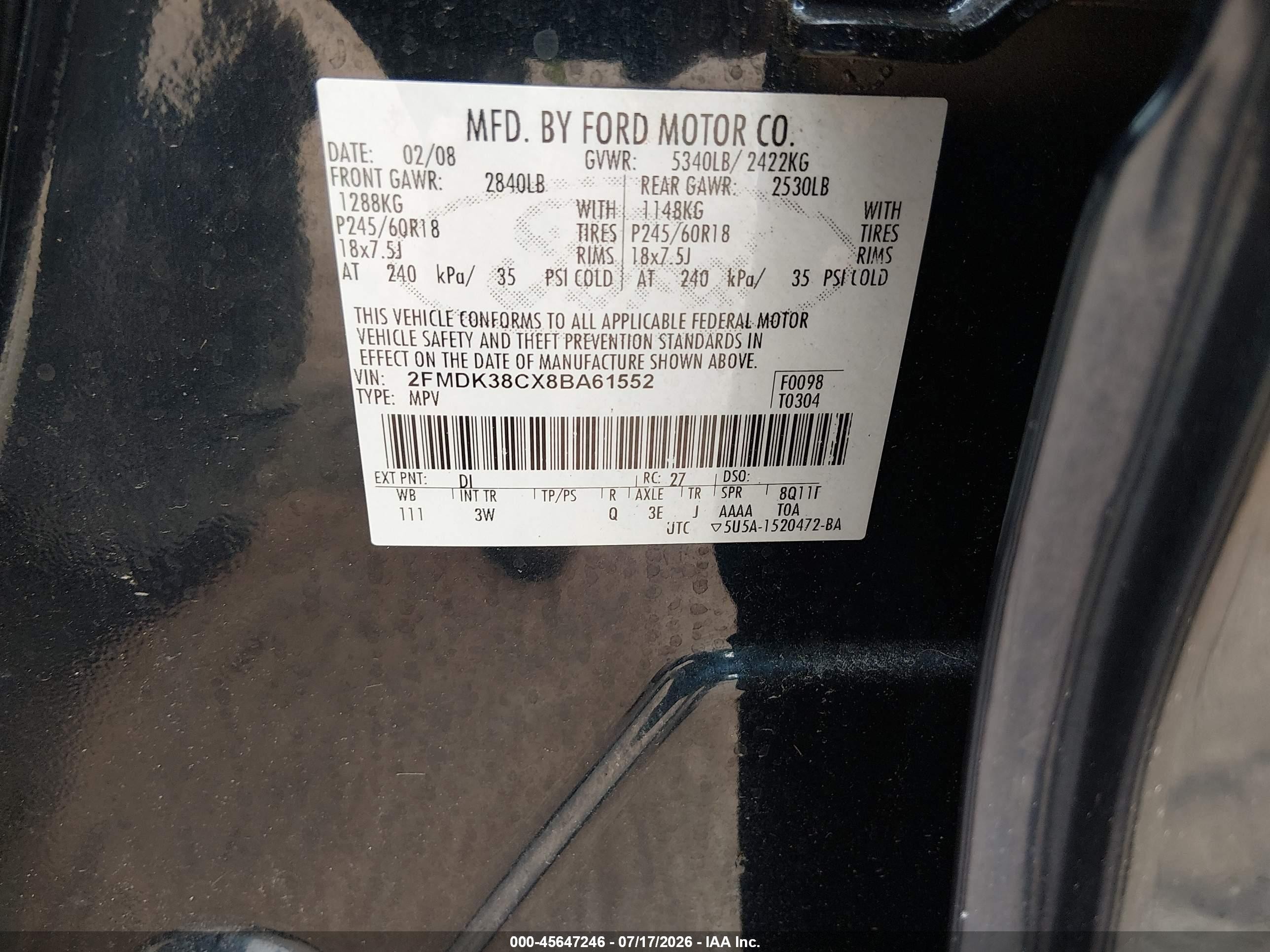 2008 Ford Edge Sel Blue vin: 2FMDK38CX8BA61552