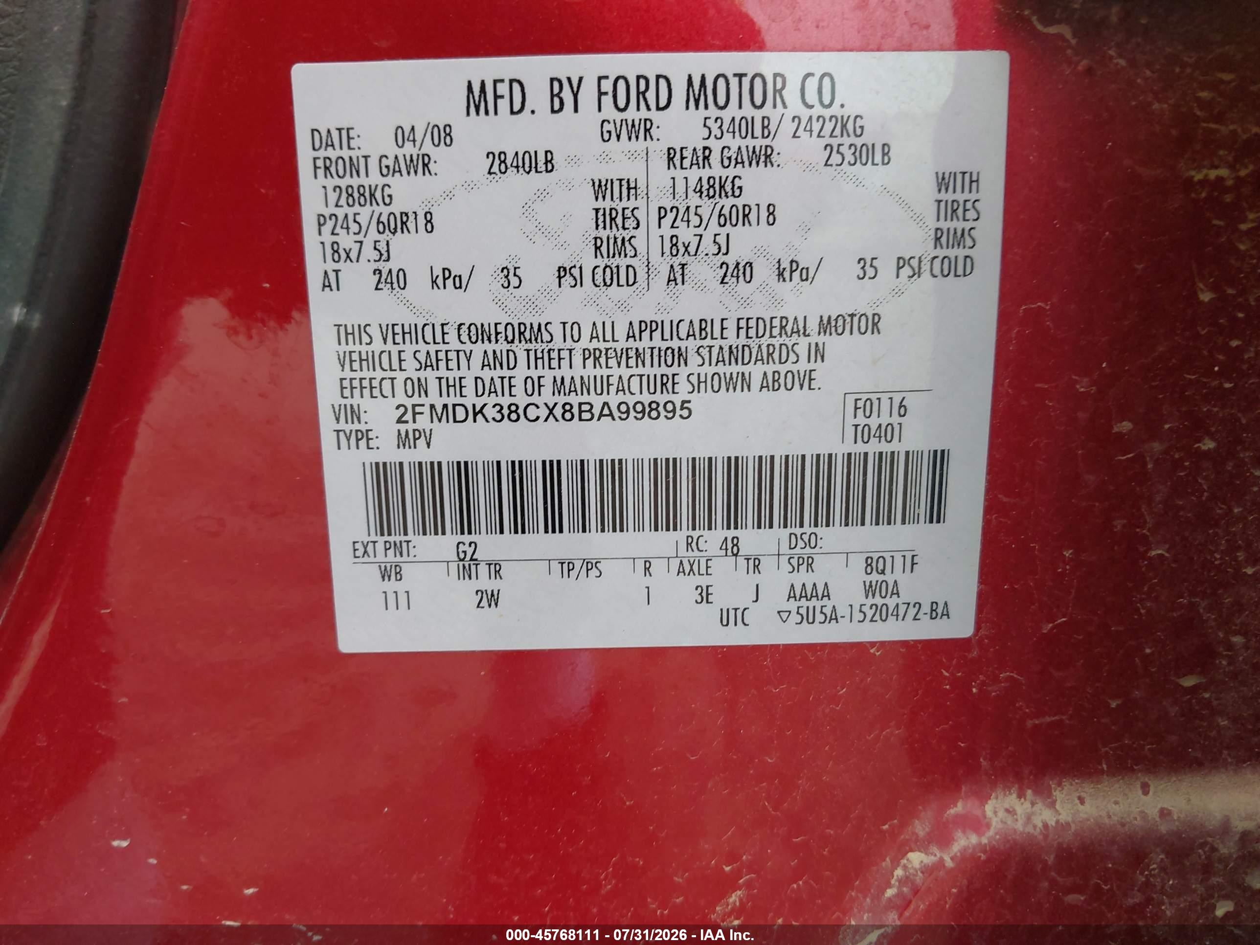 2008 Ford Edge Sel Red vin: 2FMDK38CX8BA99895