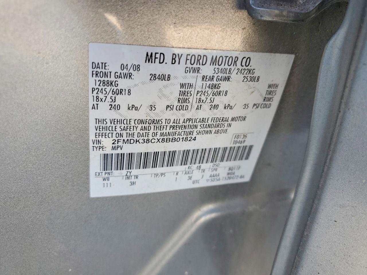 2008 Ford Edge Sel Gray vin: 2FMDK38CX8BB01824