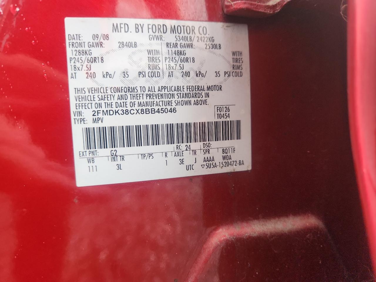 2008 Ford Edge Sel Red vin: 2FMDK38CX8BB45046