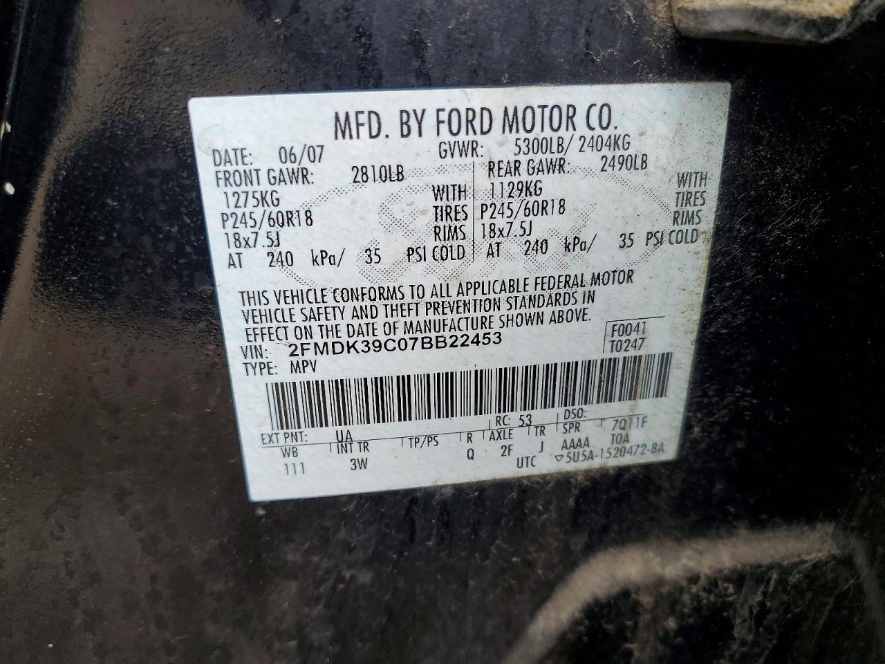 2007 Ford Edge Sel Plus Black vin: 2FMDK39C07BB22453