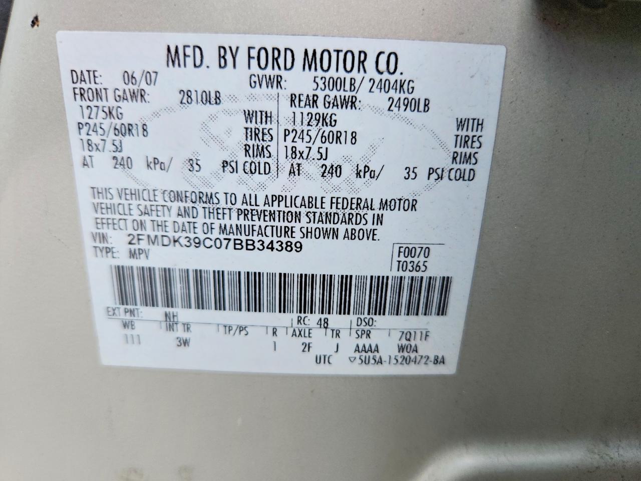 2007 Ford Edge Sel Plus Beige vin: 2FMDK39C07BB34389