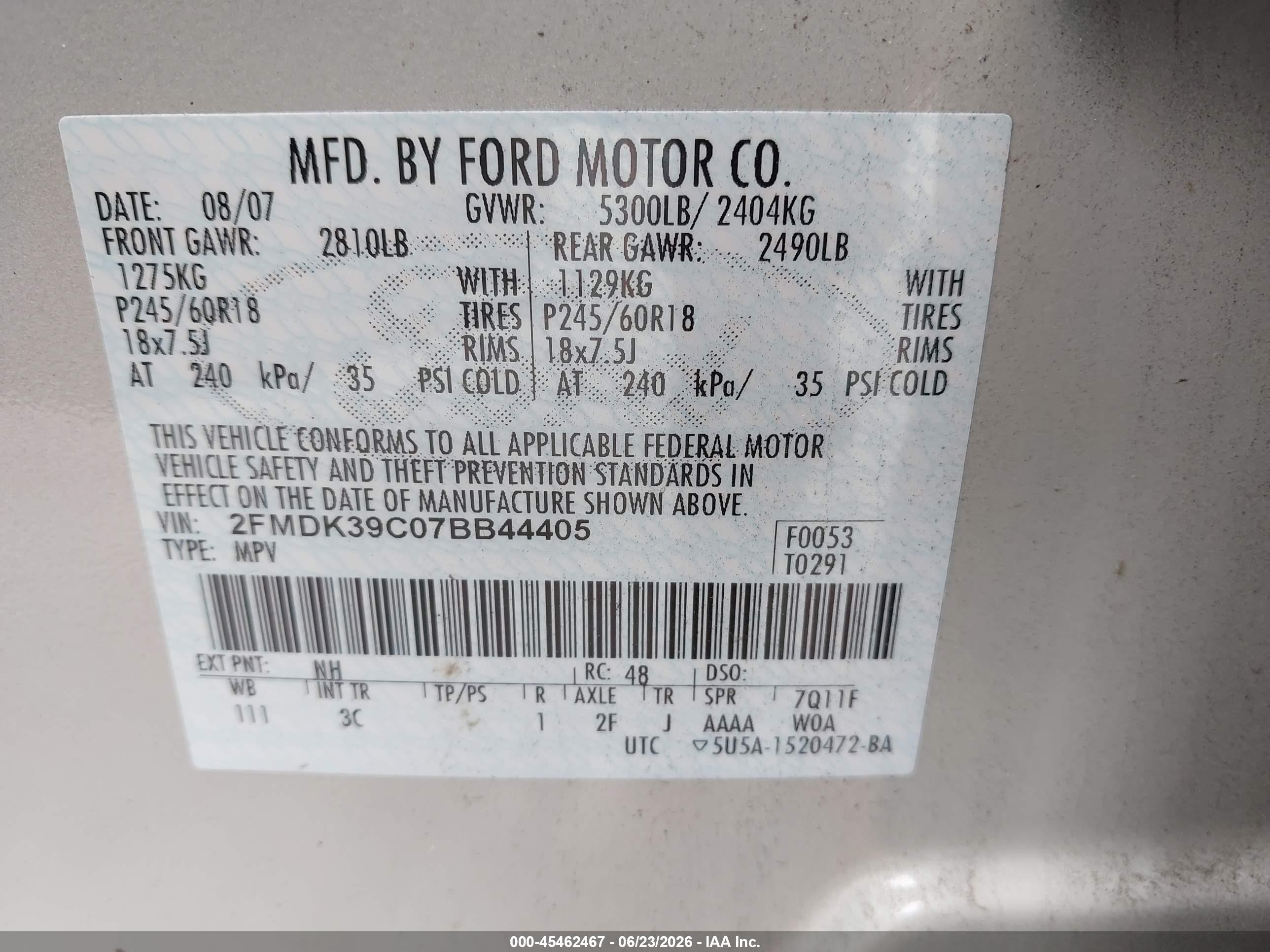 2007 Ford Edge Sel Plus White vin: 2FMDK39C07BB44405