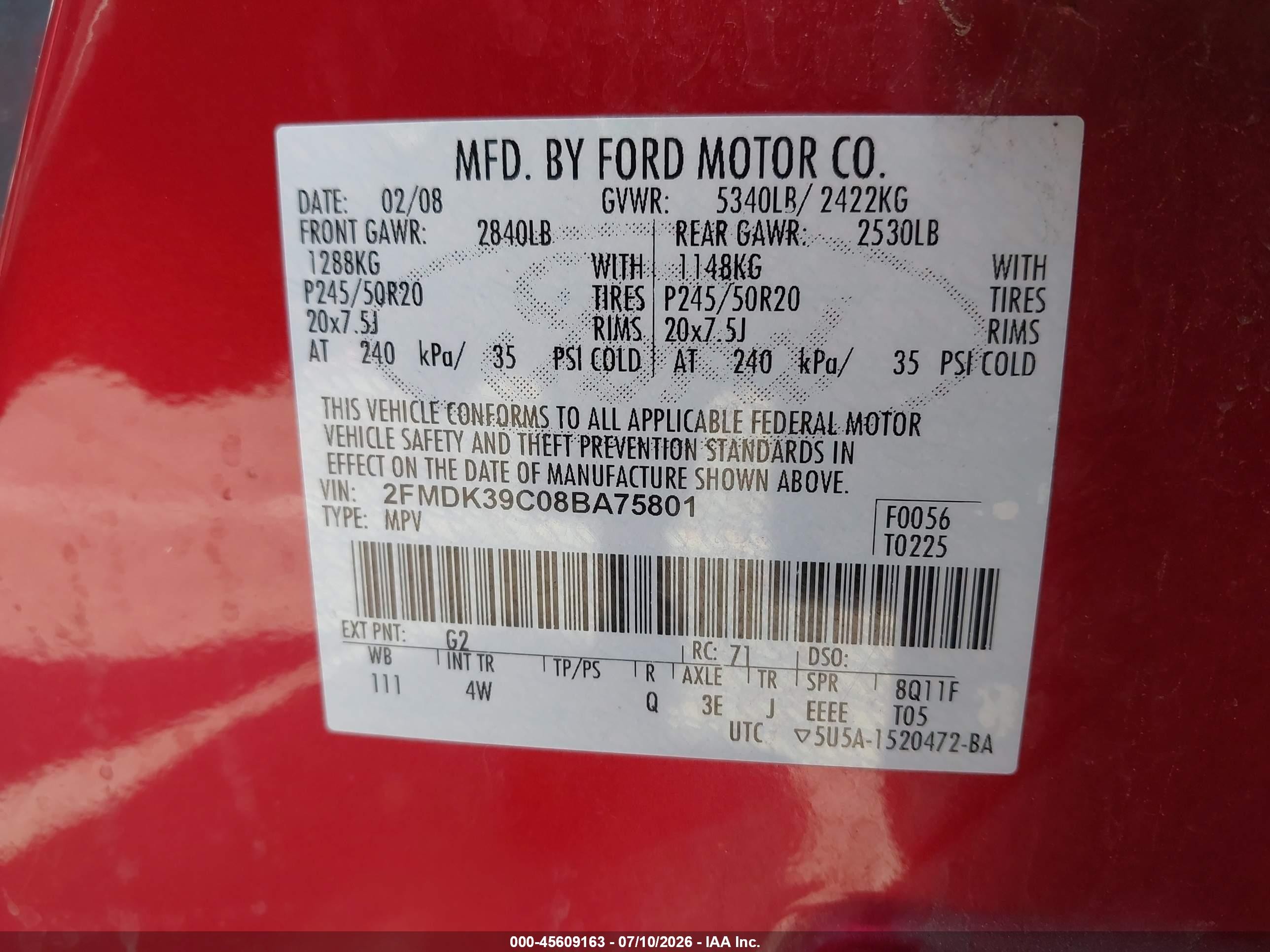 2008 Ford Edge Limited Red vin: 2FMDK39C08BA75801