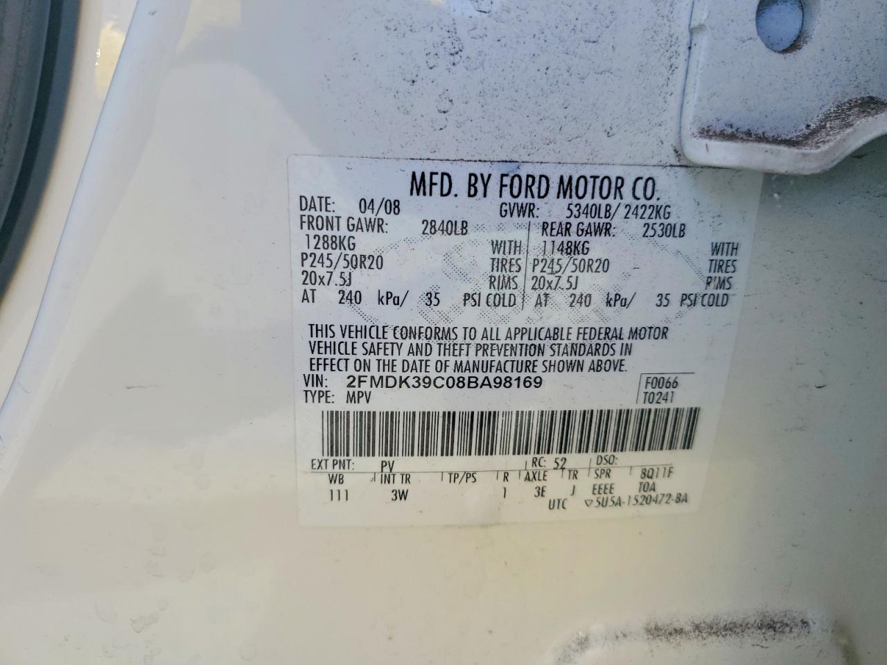 2008 Ford Edge Limited White vin: 2FMDK39C08BA98169