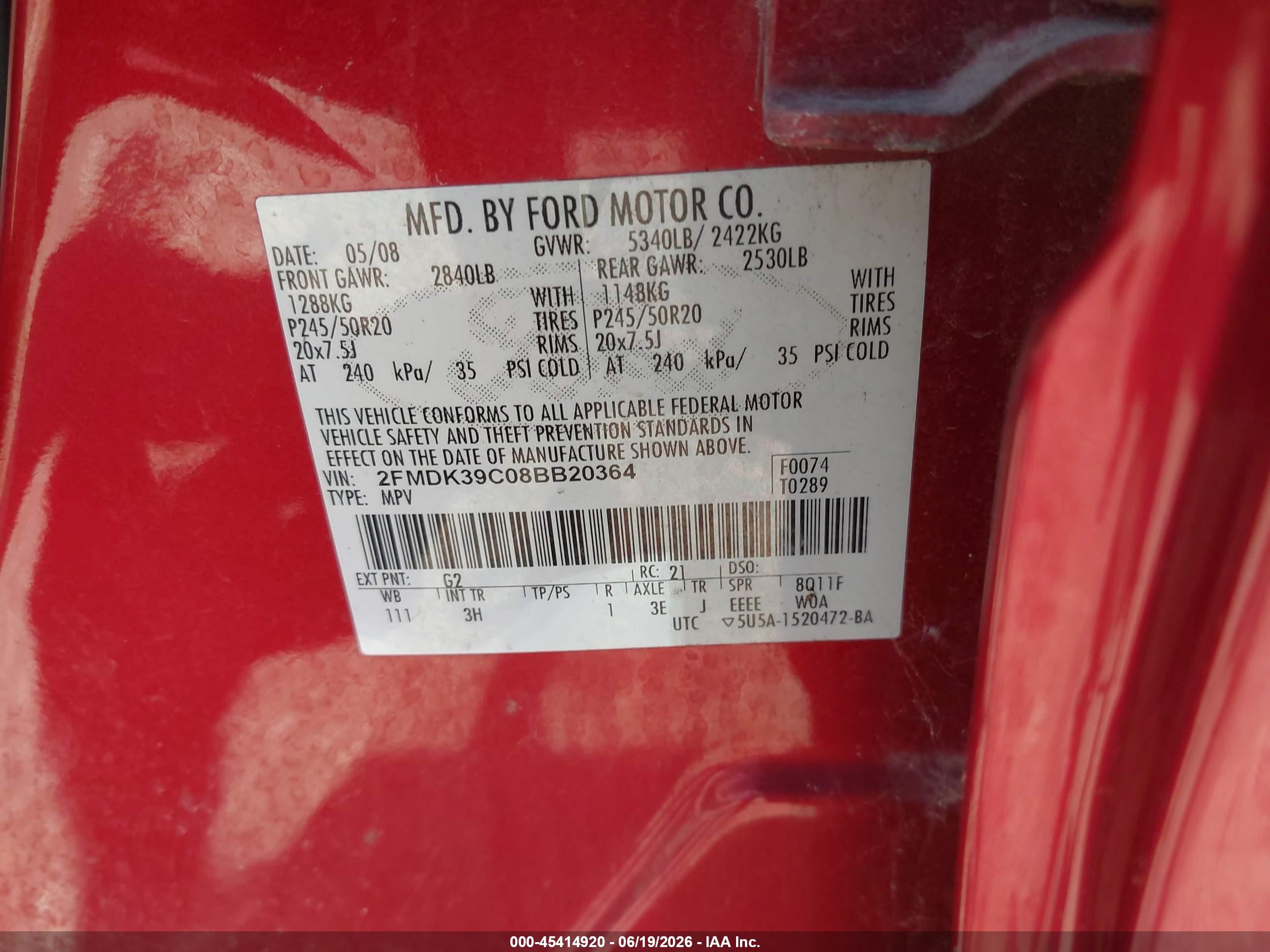 2008 Ford Edge Limited Red vin: 2FMDK39C08BB20364
