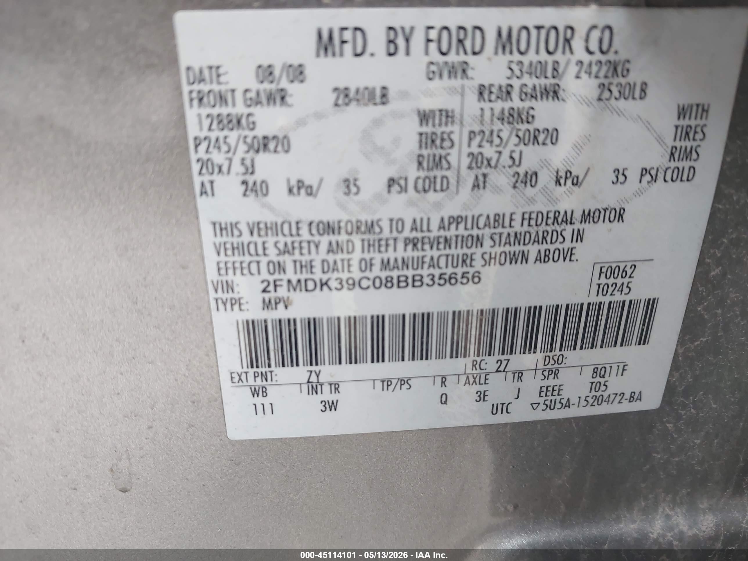 2008 Ford Edge Limited Серый vin: 2FMDK39C08BB35656