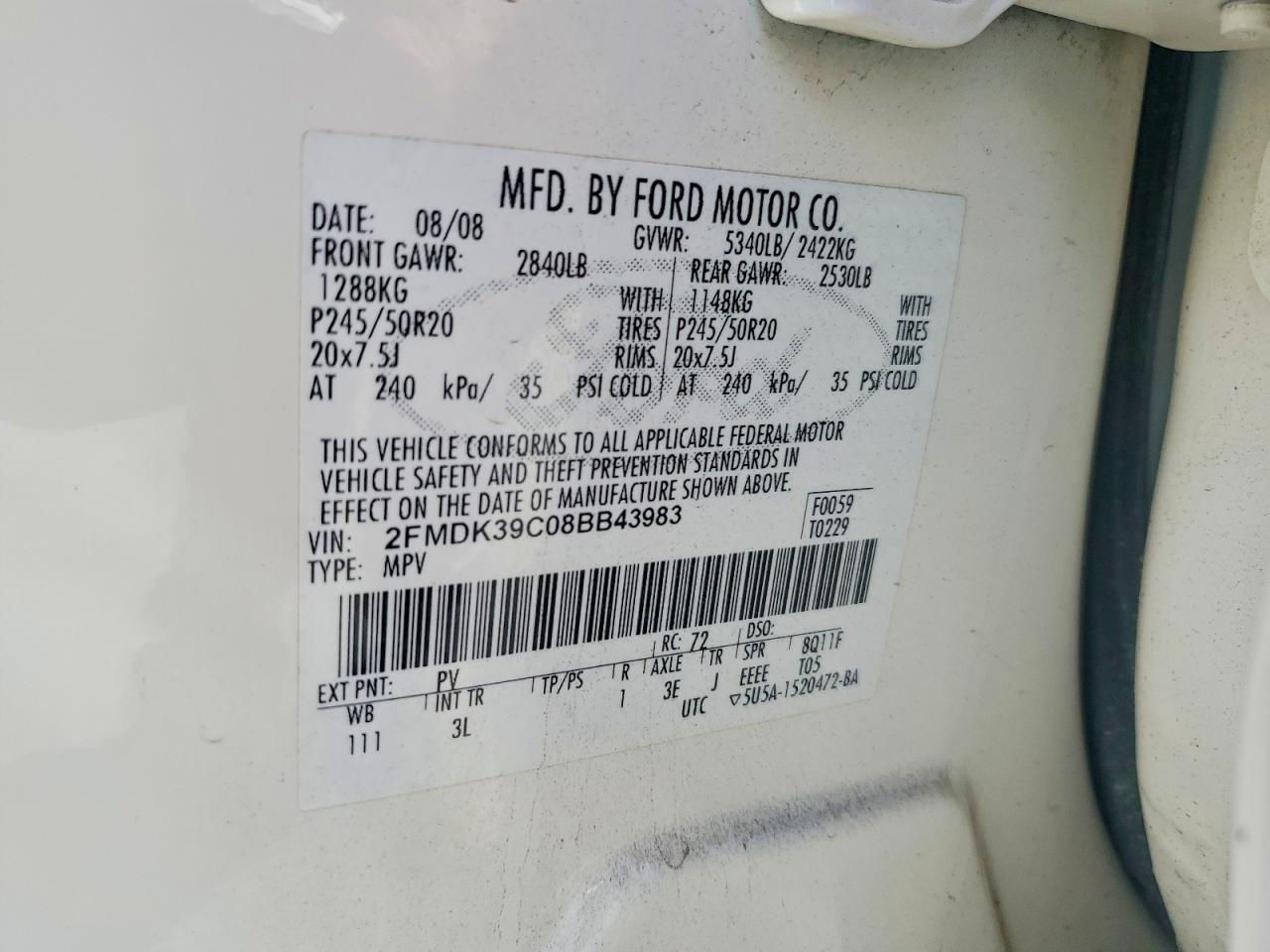 2008 Ford Edge Limited Белый vin: 2FMDK39C08BB43983