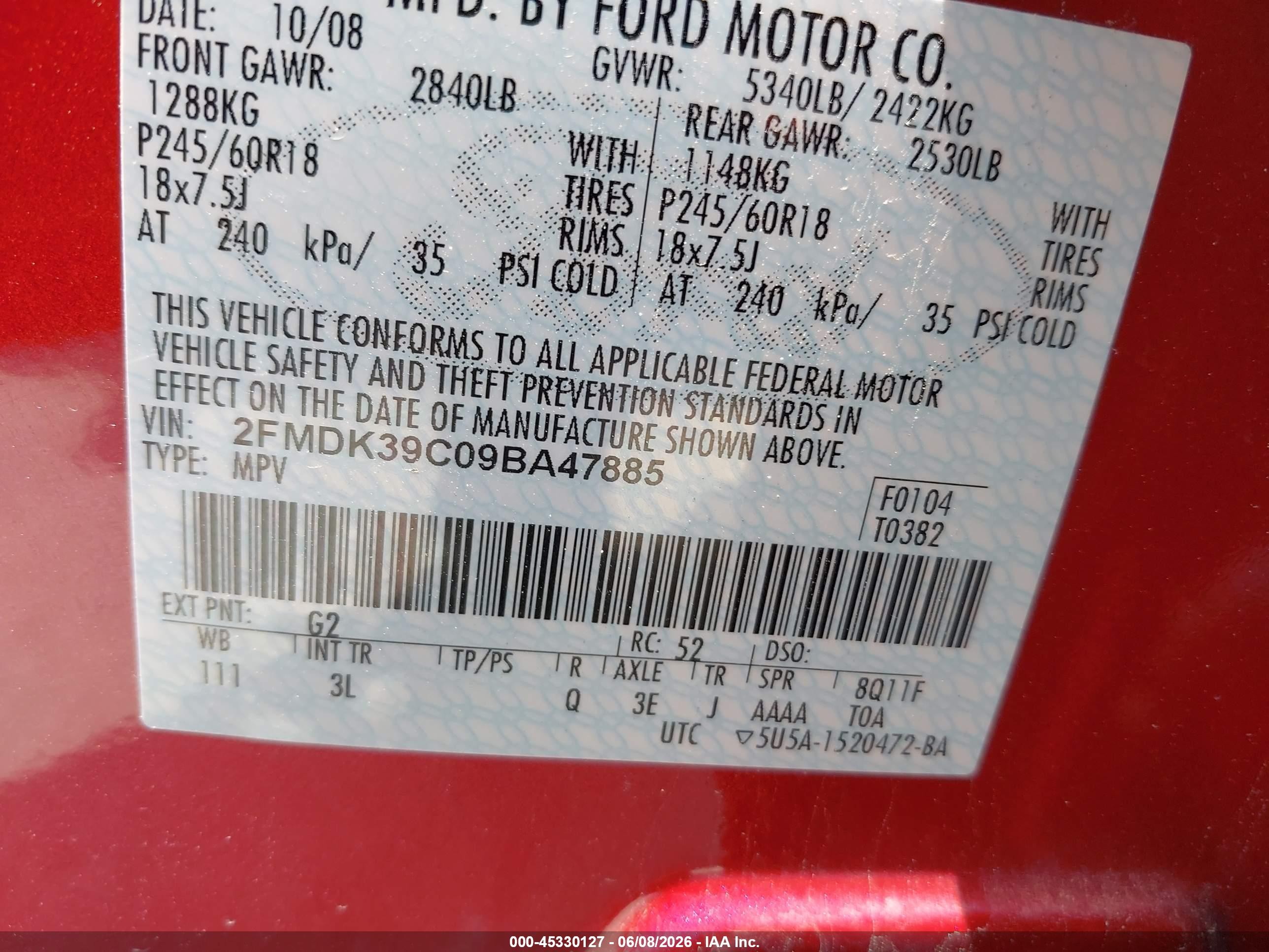 2009 Ford Edge Limited Red vin: 2FMDK39C09BA47885
