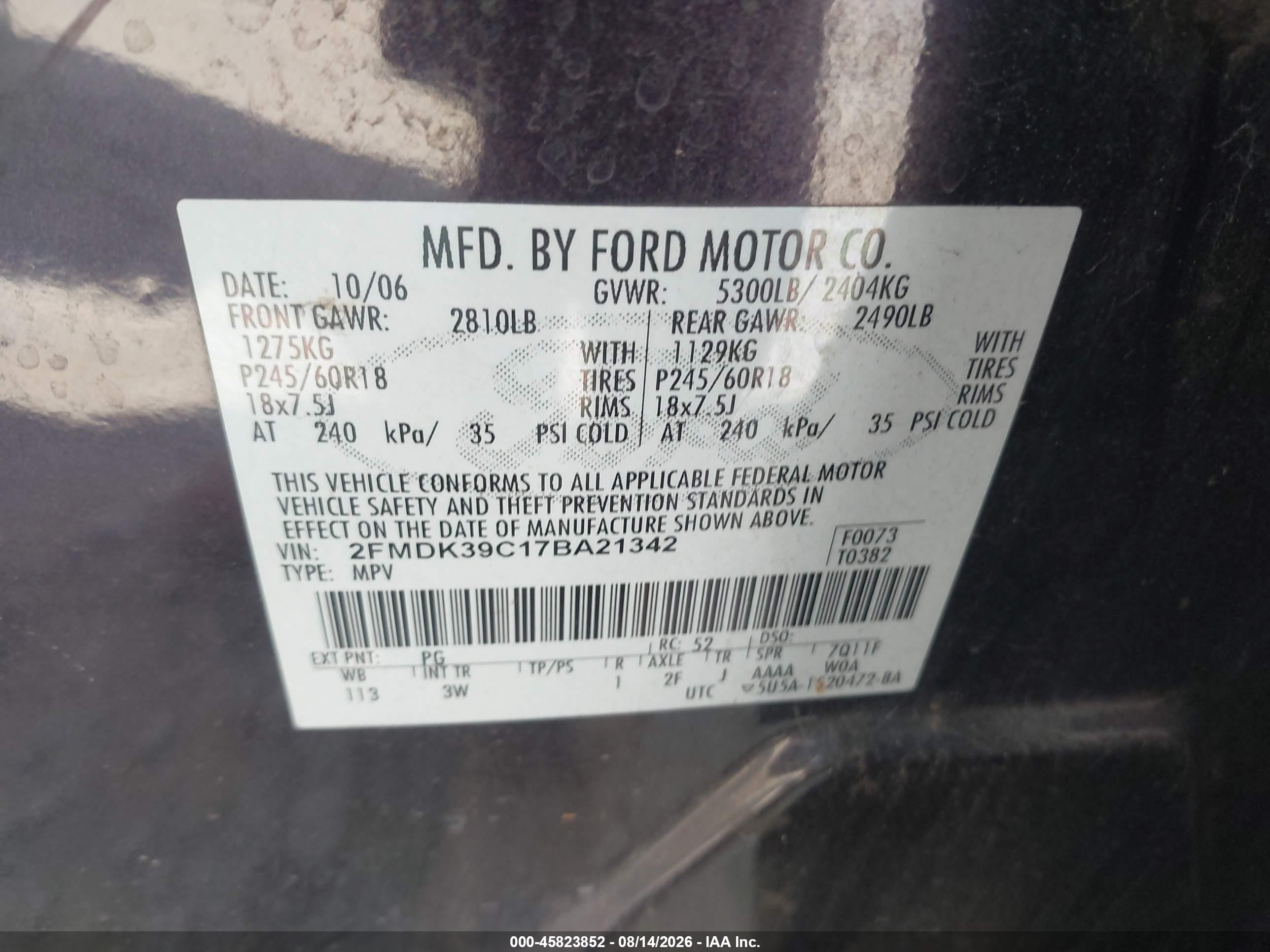 2007 Ford Edge Sel Plus Black vin: 2FMDK39C17BA21342