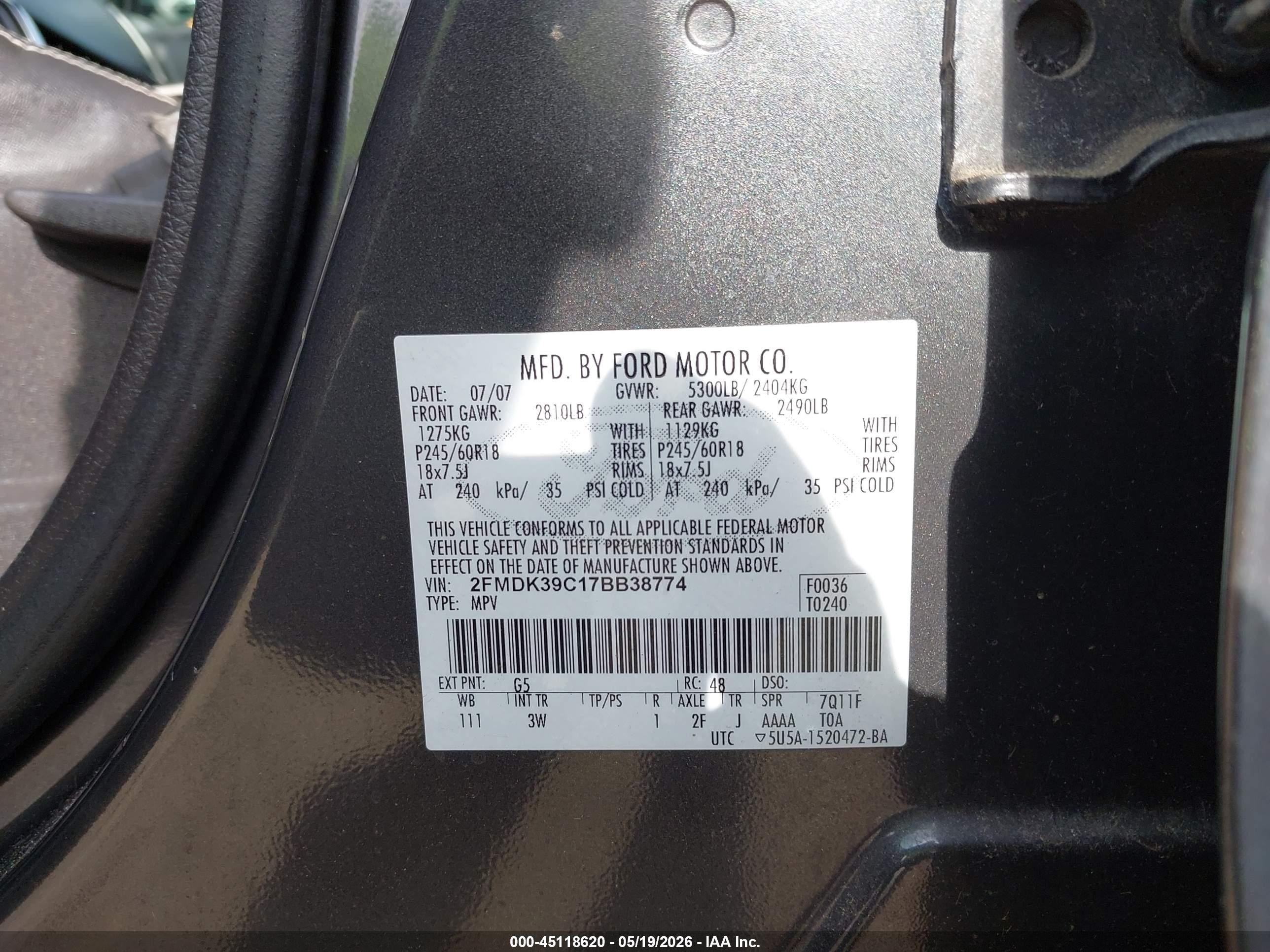 2007 Ford Edge Sel Plus Gray vin: 2FMDK39C17BB38774