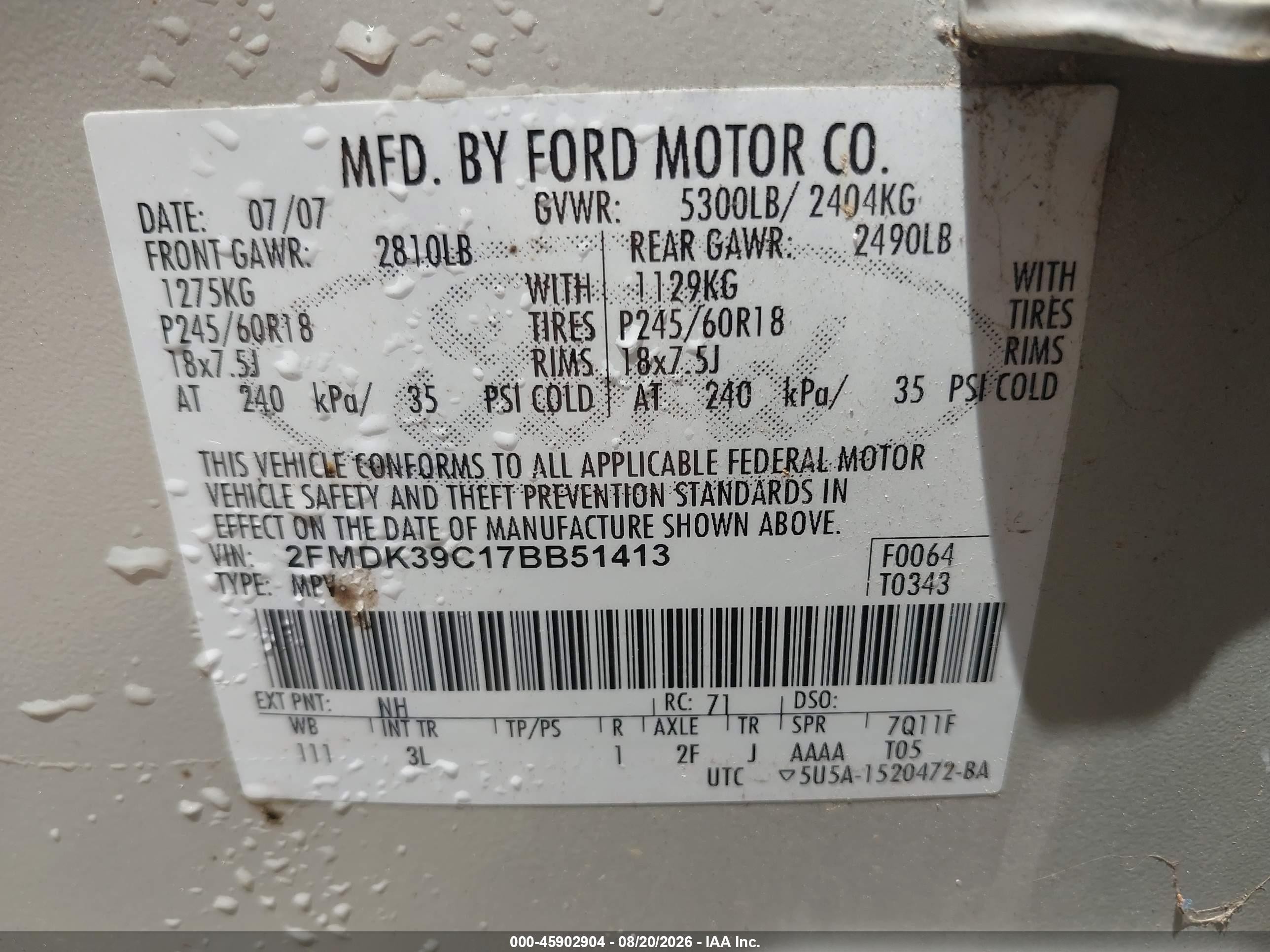 2007 Ford Edge Sel Plus Желто-коричневый vin: 2FMDK39C17BB51413