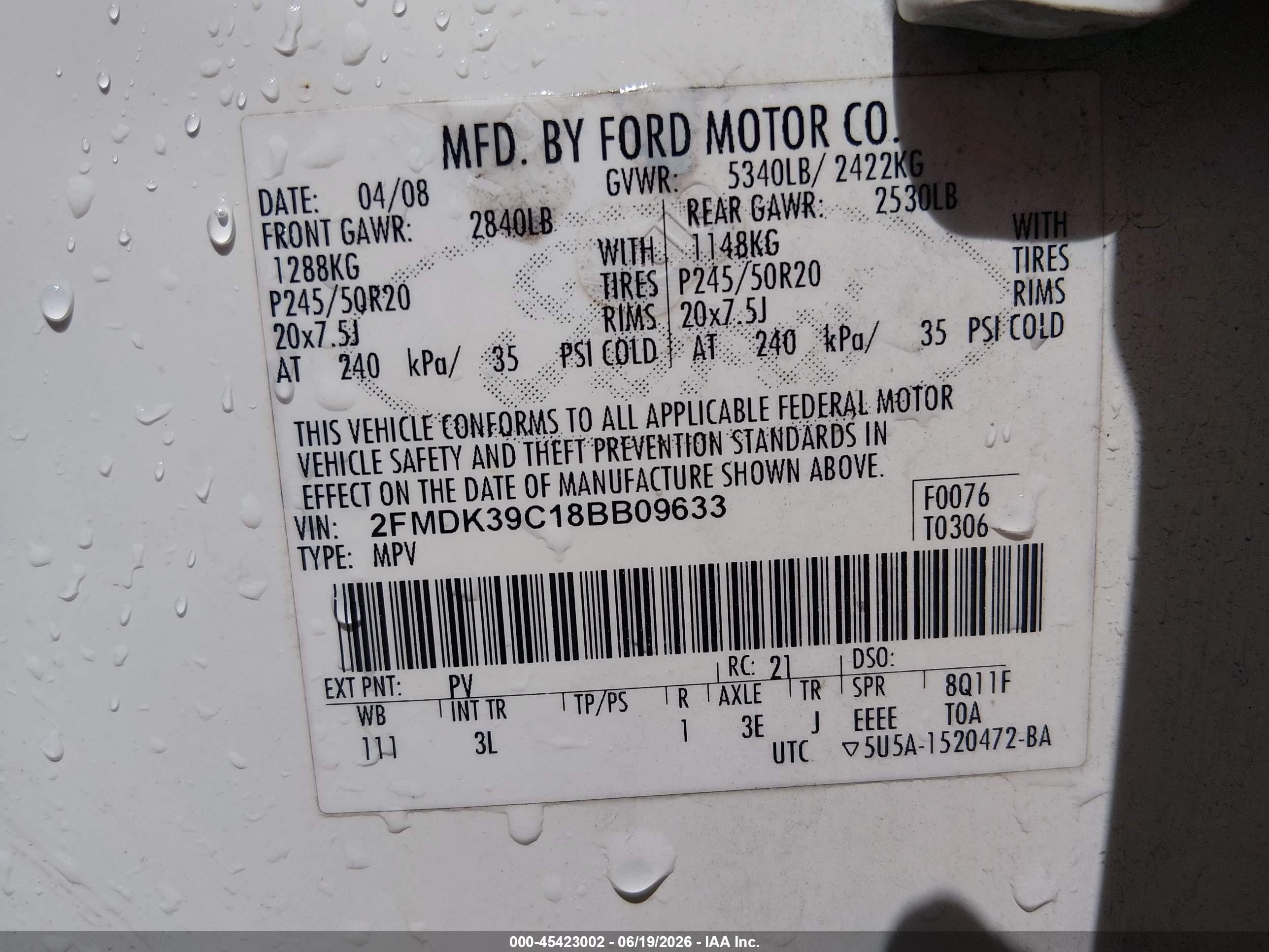 2008 Ford Edge Limited White vin: 2FMDK39C18BB09633